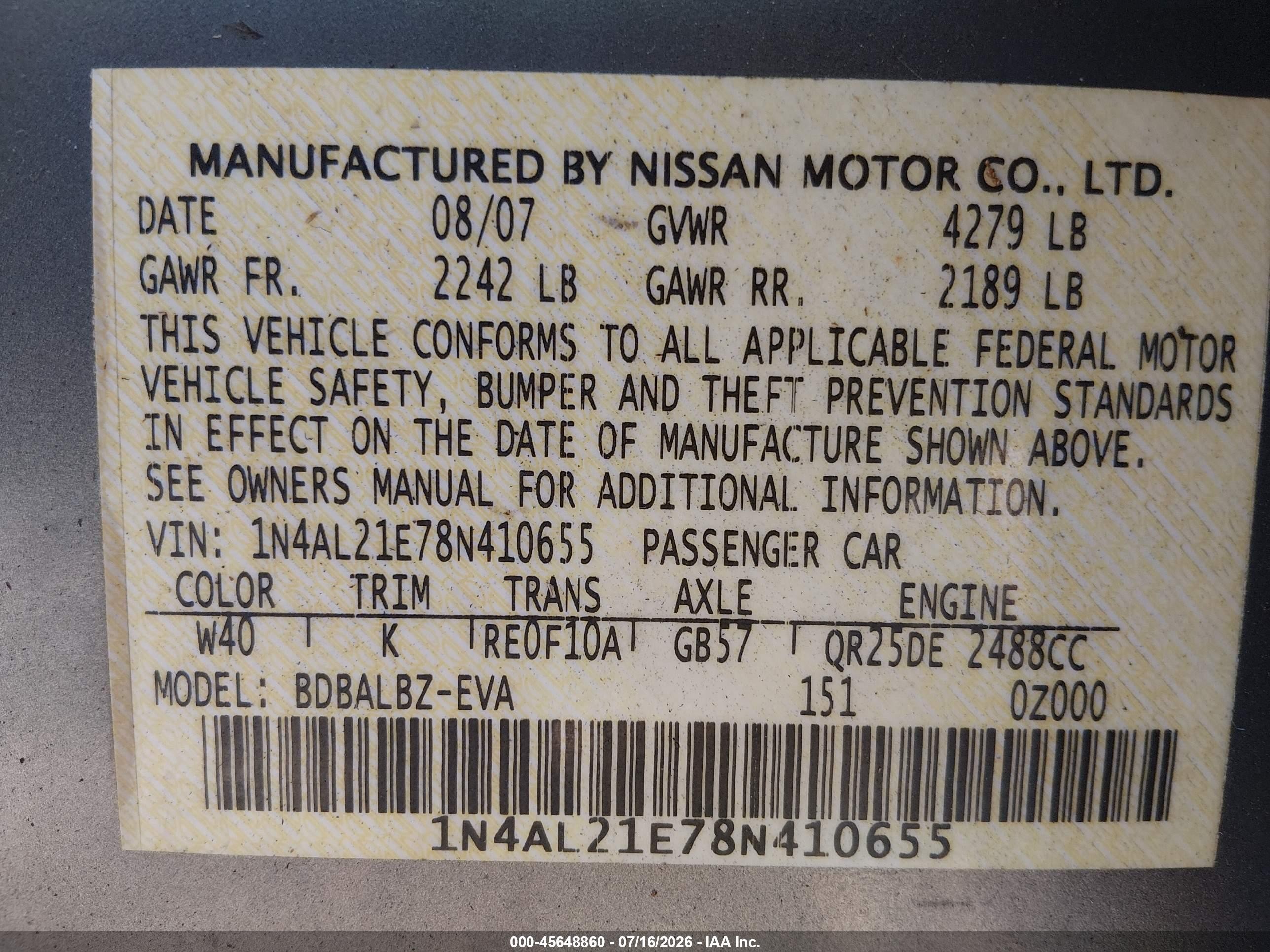 2008 Nissan Altima 2.5 S Gray vin: 1N4AL21E78N410655