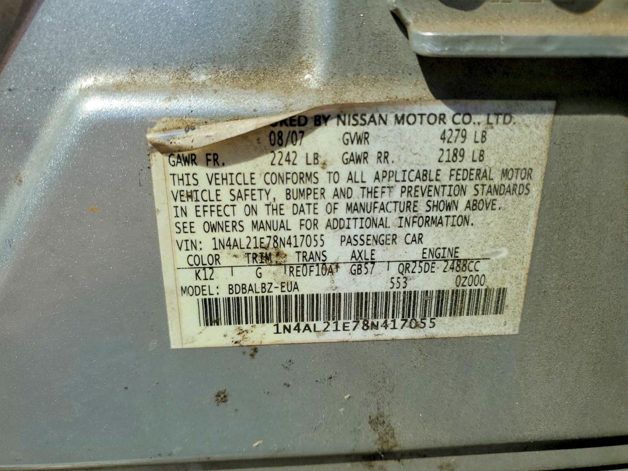 2008 Nissan Altima 2.5 Silver vin: 1N4AL21E78N417055