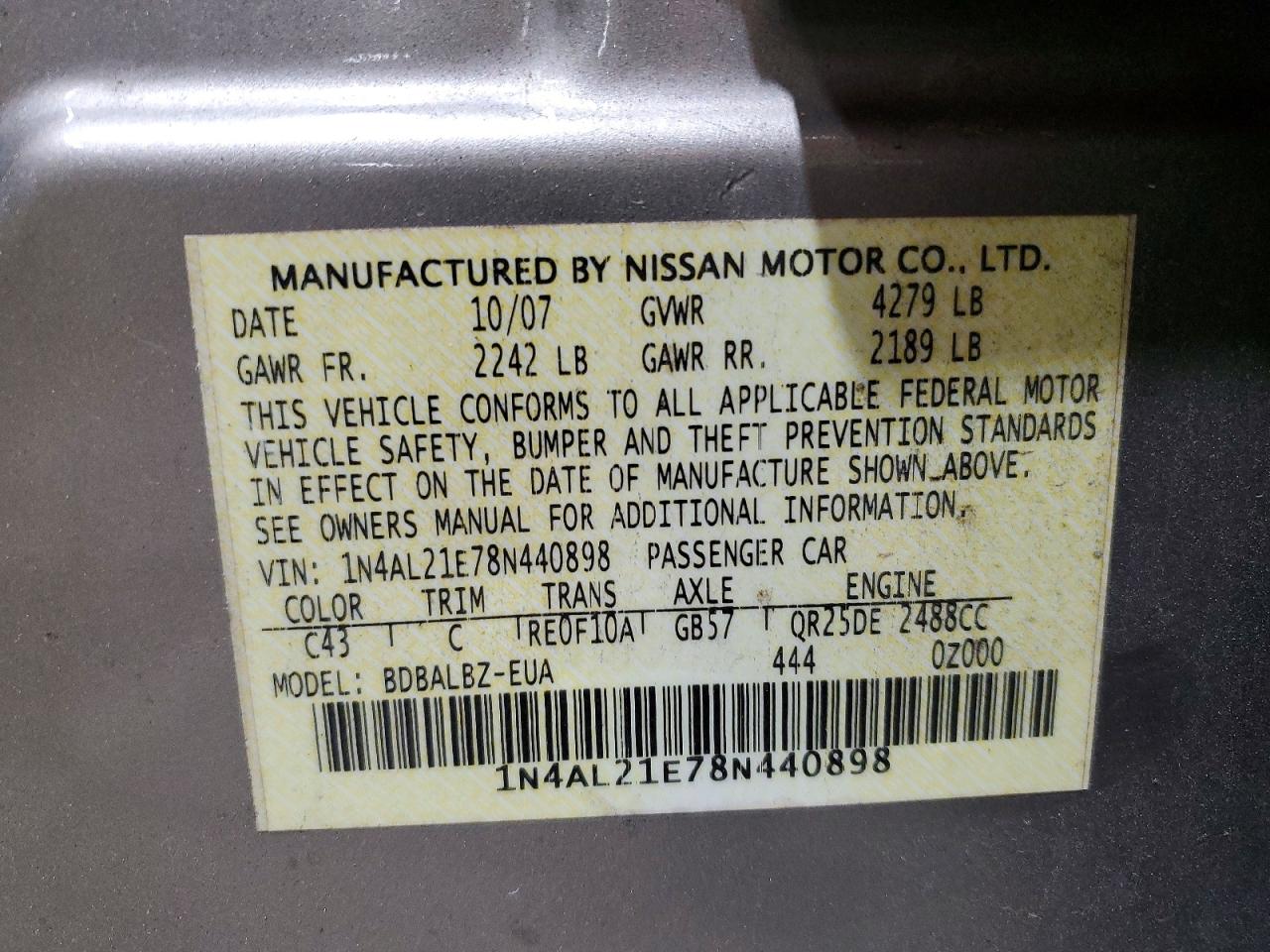 2008 Nissan Altima 2.5 Beige vin: 1N4AL21E78N440898
