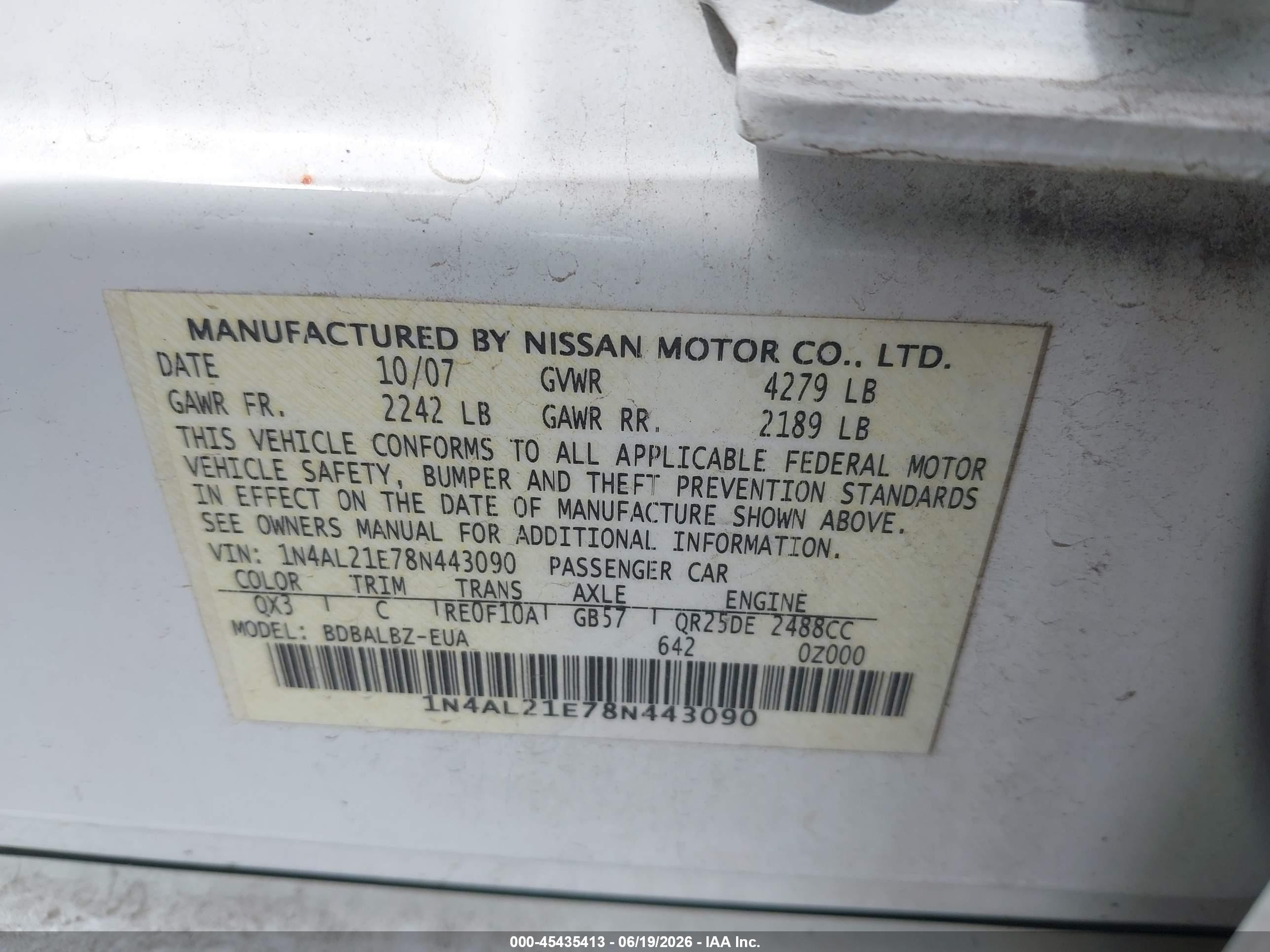 2008 Nissan Altima 2.5 Sl White vin: 1N4AL21E78N443090