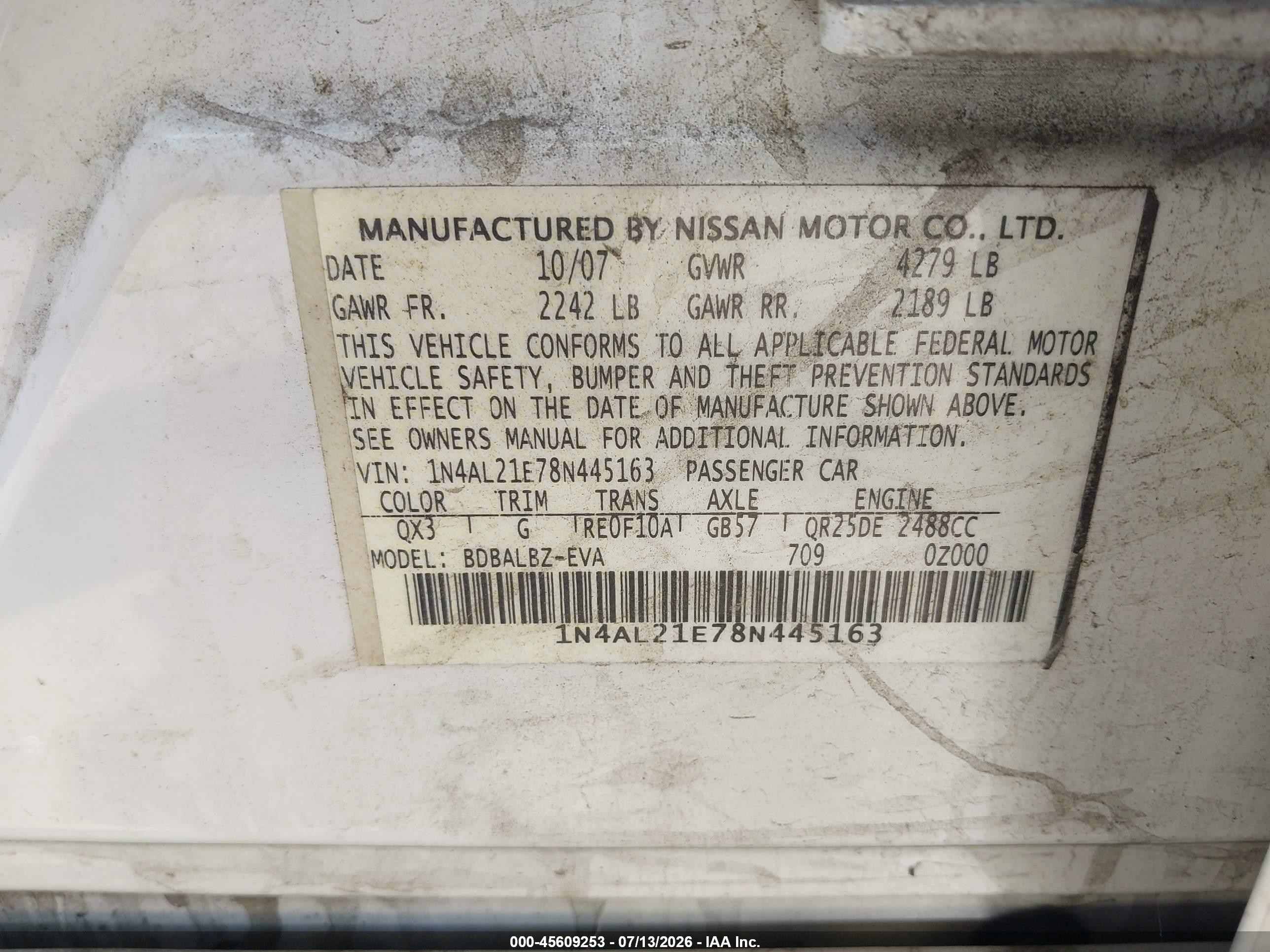 2008 Nissan Altima 2.5 S White vin: 1N4AL21E78N445163