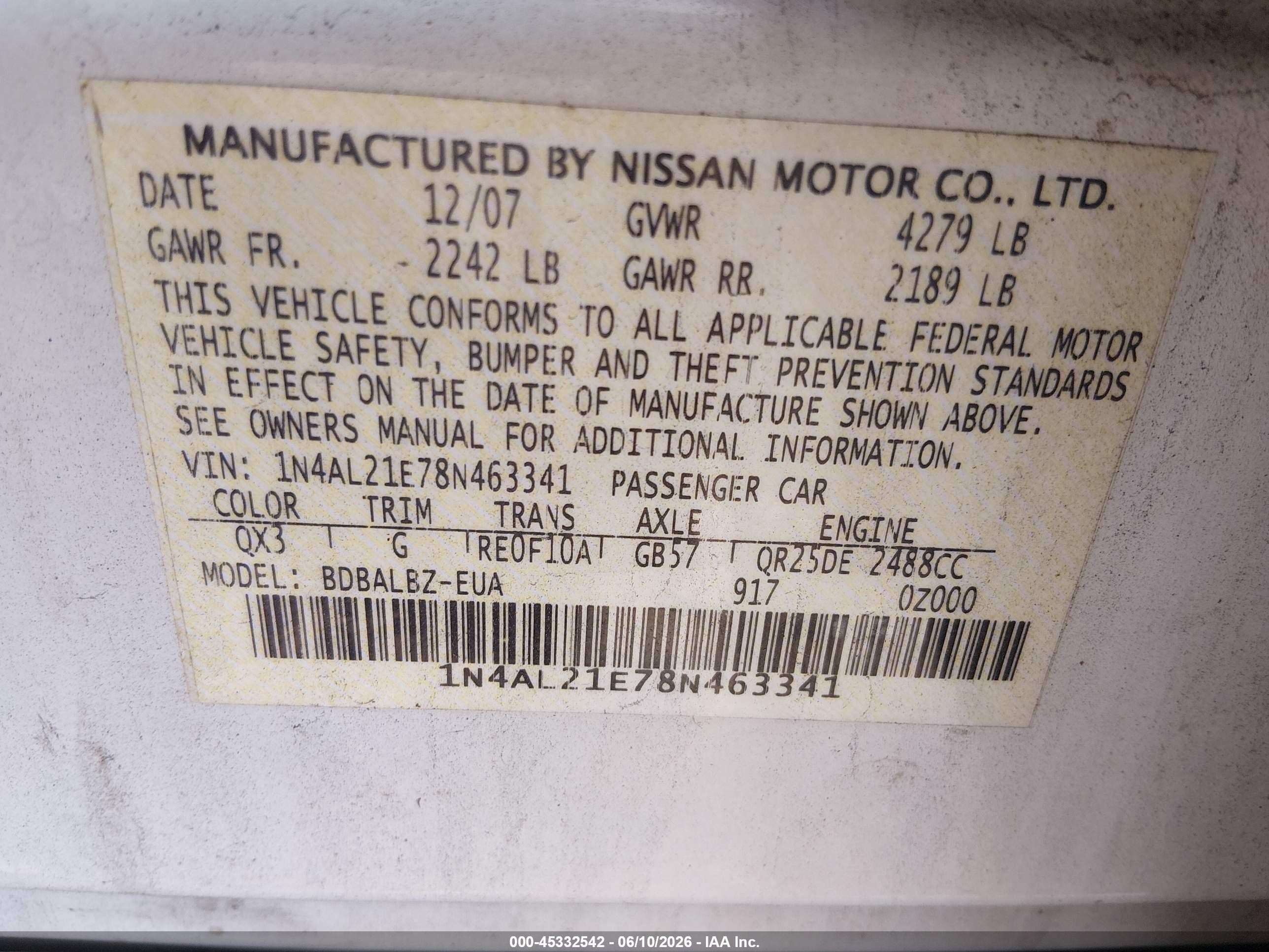 2008 Nissan Altima 2.5 Sl White vin: 1N4AL21E78N463341