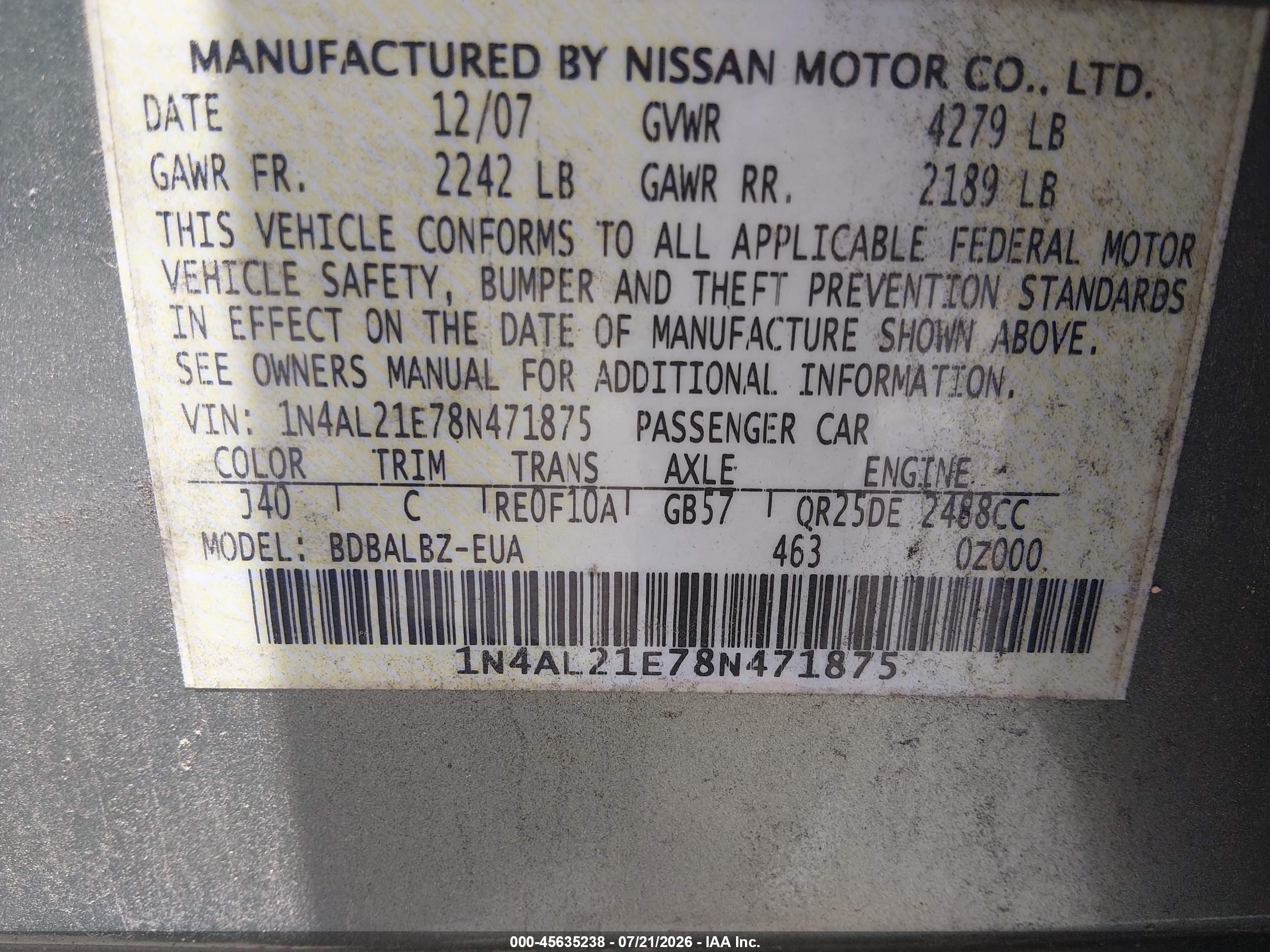 2008 Nissan Altima 2.5 Sl Green vin: 1N4AL21E78N471875