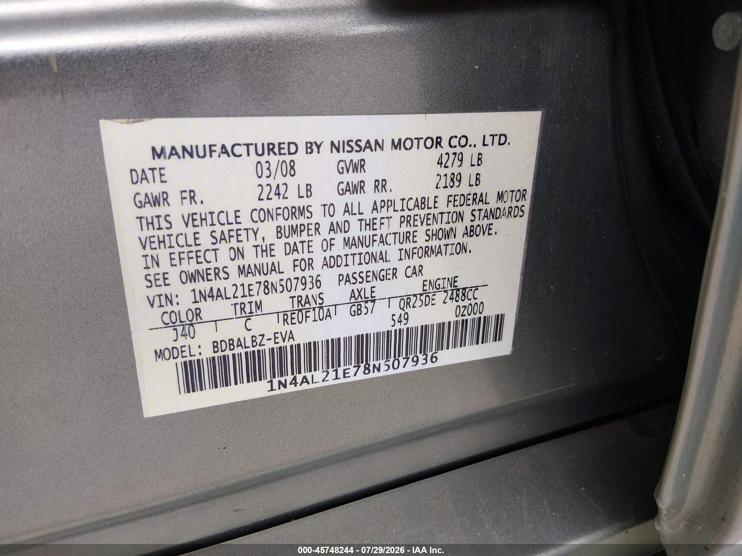 2008 Nissan Altima 2.5 S Зеленый vin: 1N4AL21E78N507936