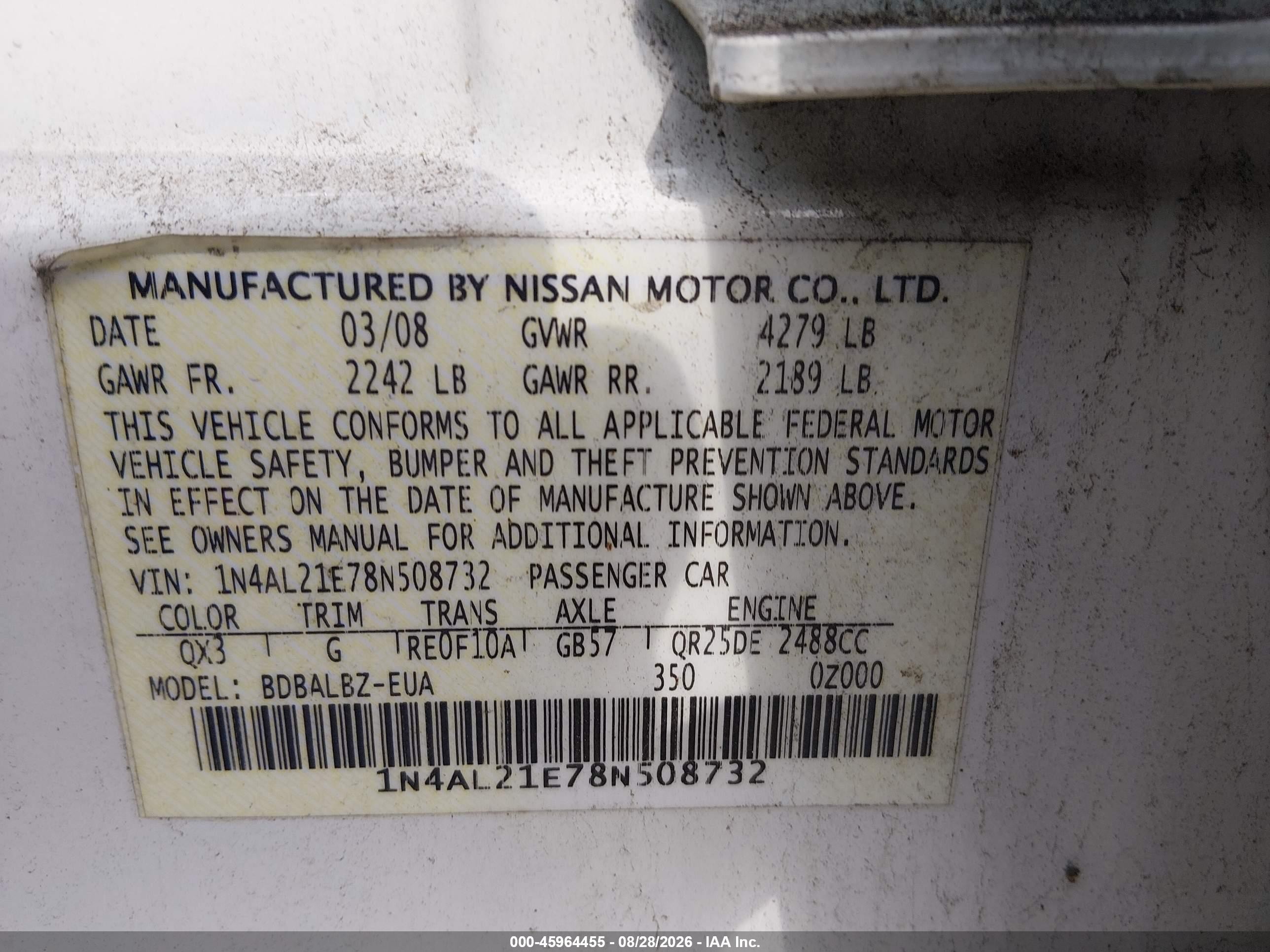 2008 Nissan Altima 2.5 S White vin: 1N4AL21E78N508732