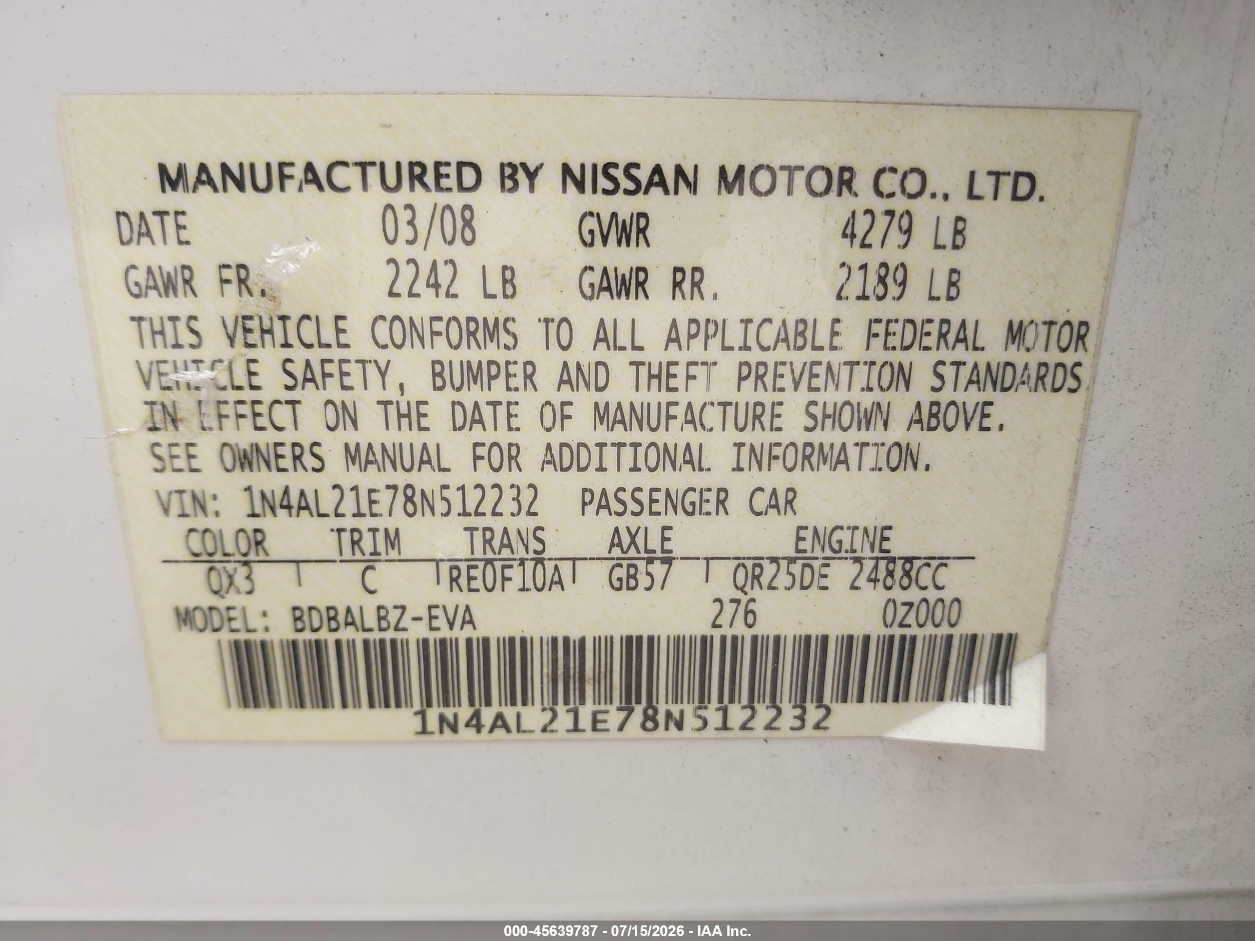 2008 Nissan Altima 2.5 Sl White vin: 1N4AL21E78N512232
