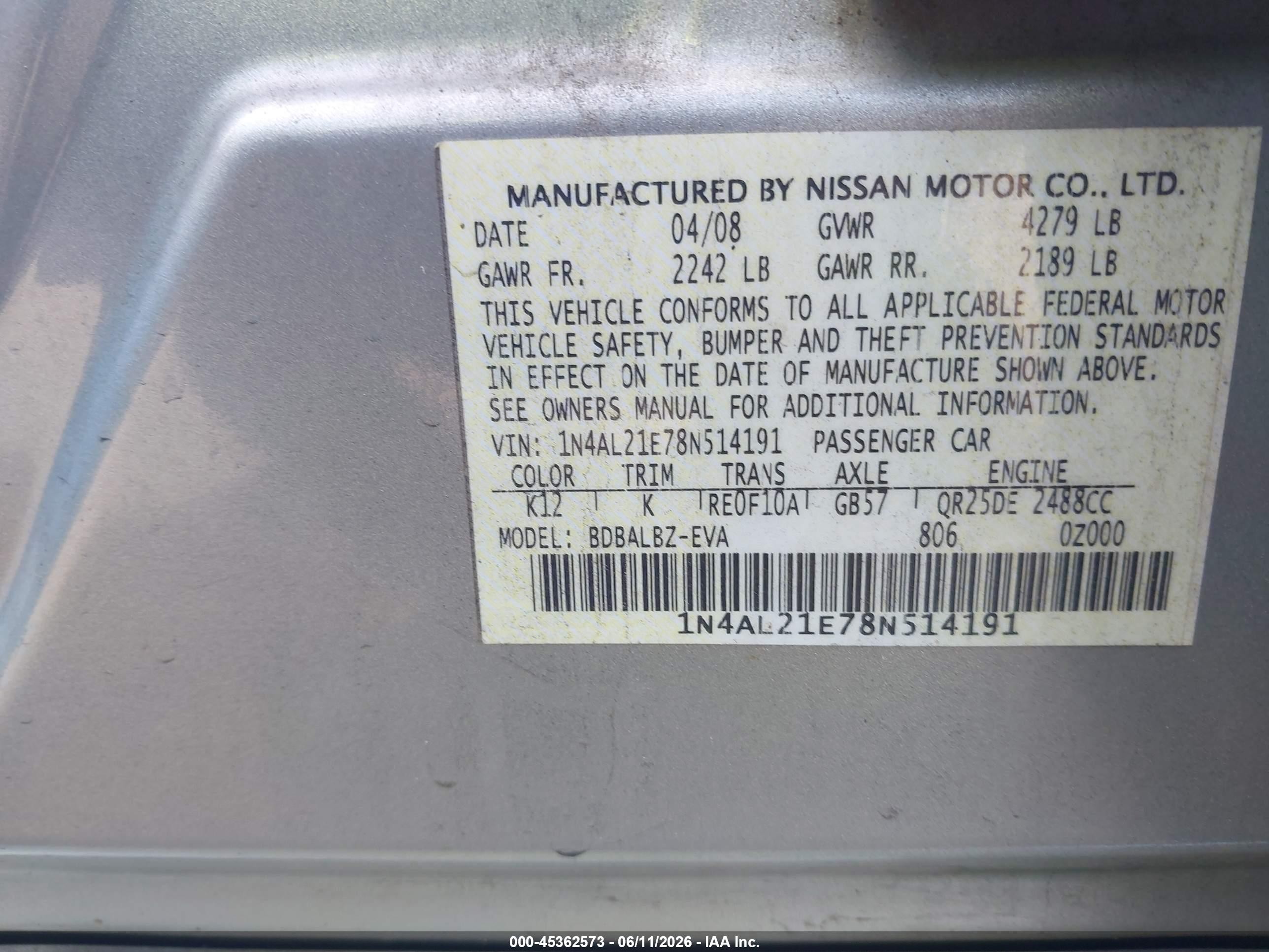 2008 Nissan Altima 2.5 S Silver vin: 1N4AL21E78N514191