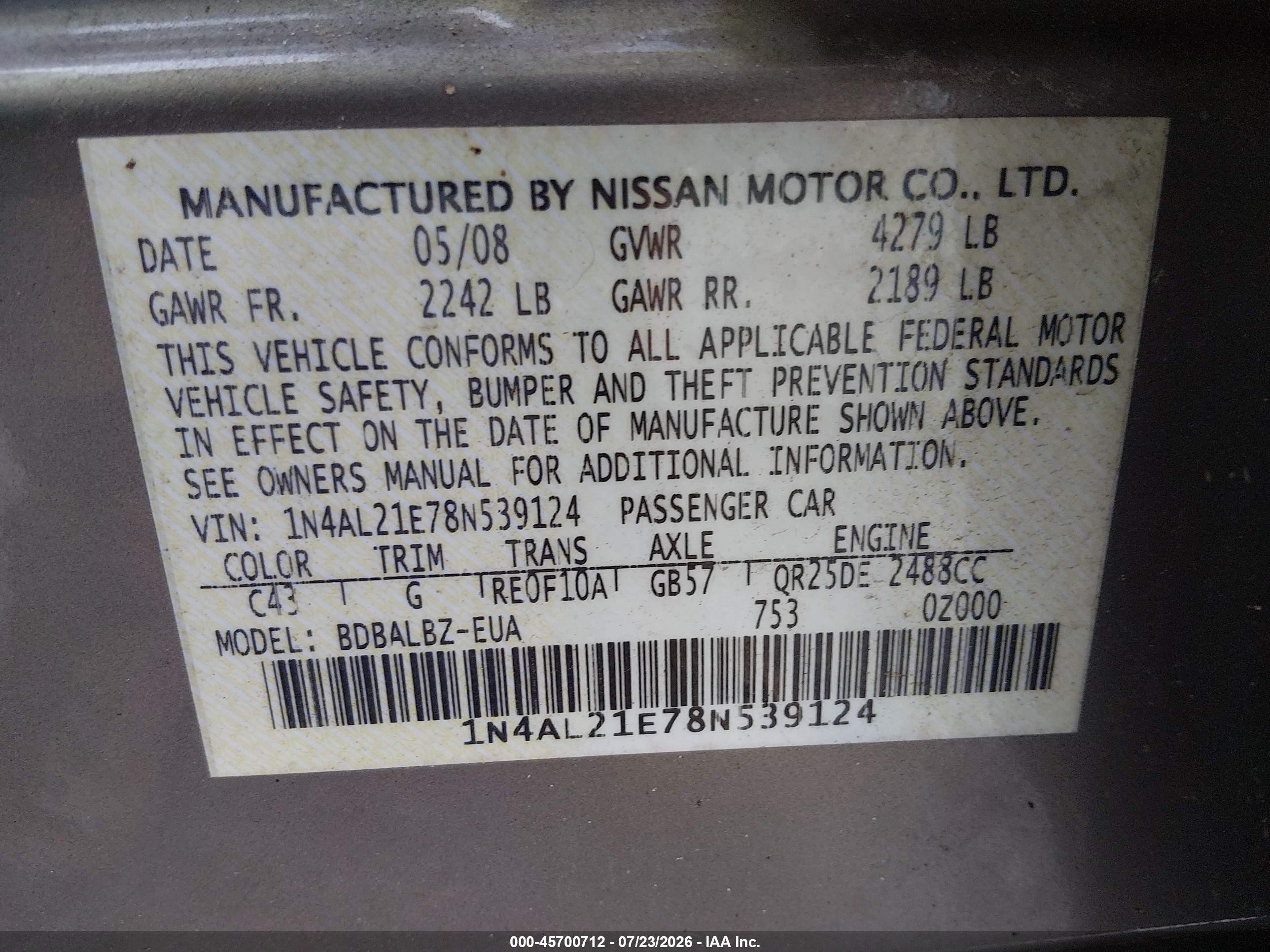 2008 Nissan Altima 2.5 Sl Tan vin: 1N4AL21E78N539124