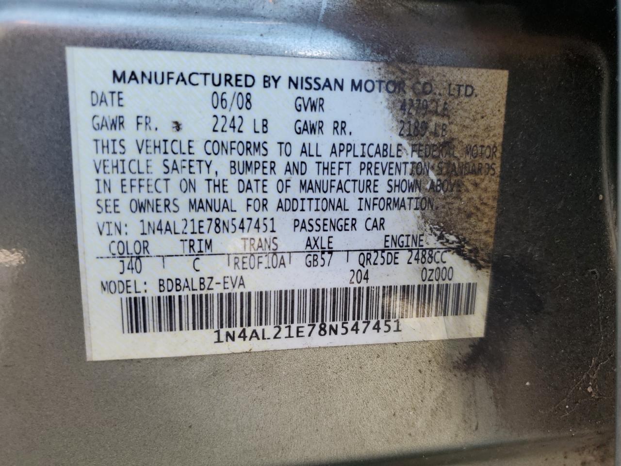 2008 Nissan Altima 2.5 Green vin: 1N4AL21E78N547451