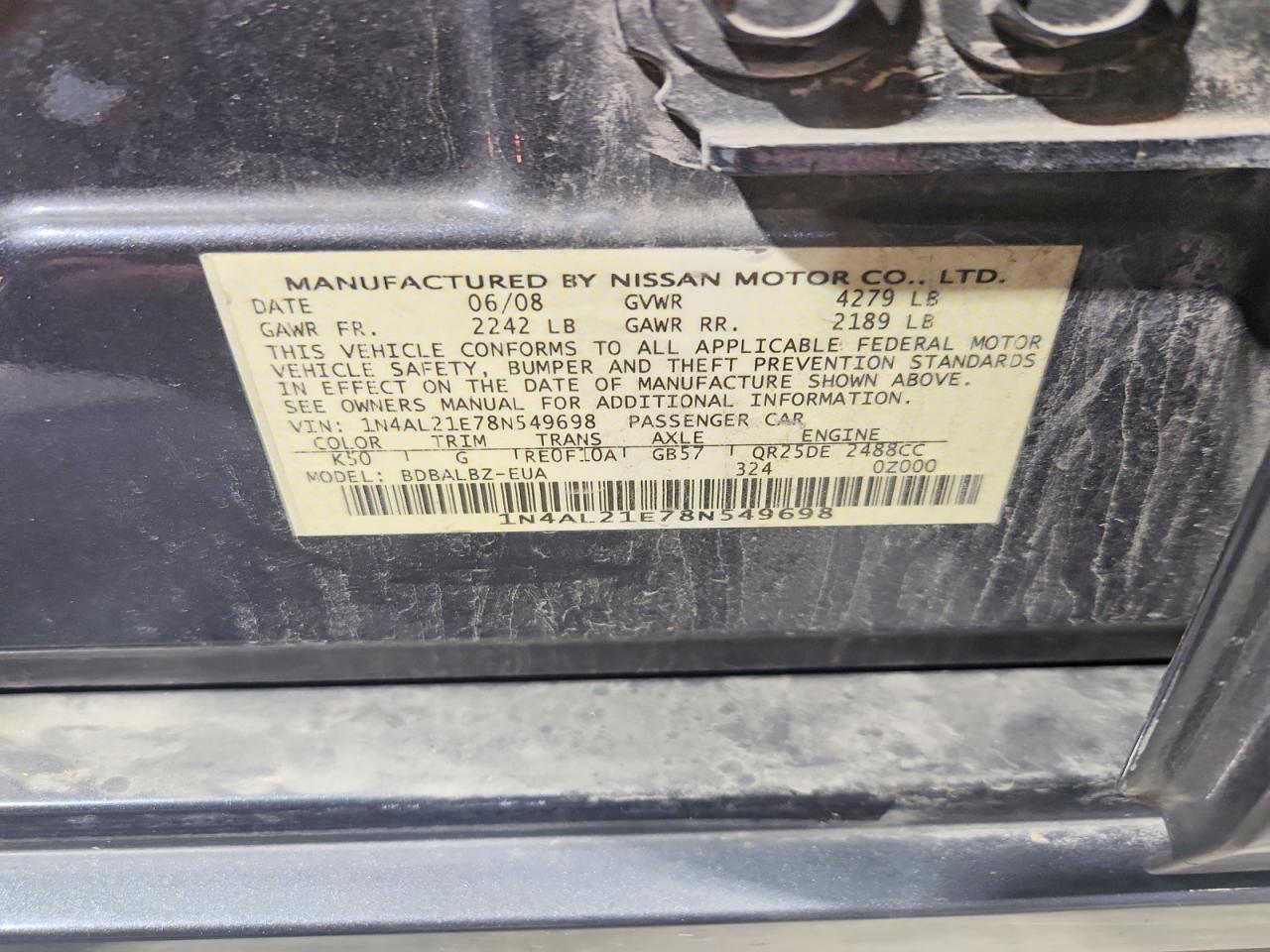 2008 Nissan Altima 2.5 Charcoal vin: 1N4AL21E78N549698
