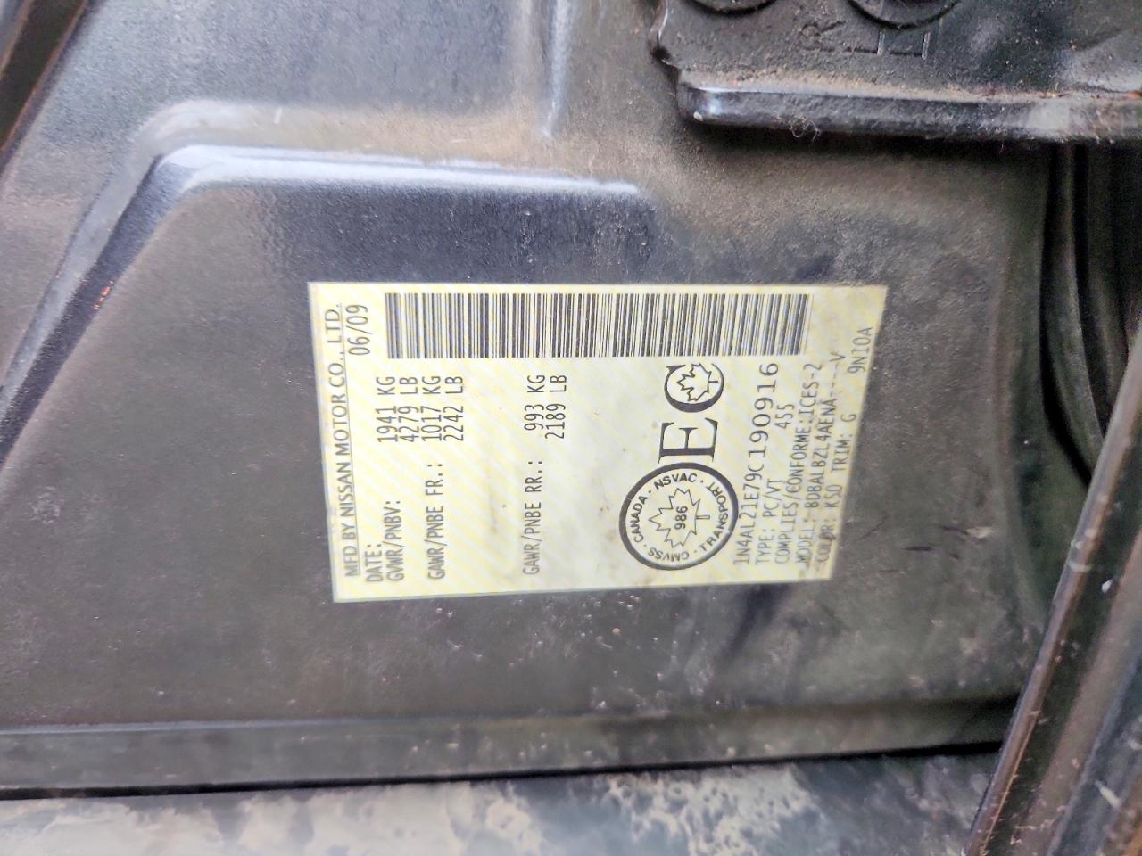 2009 Nissan Altima 2.5 Угольный vin: 1N4AL21E79C190916