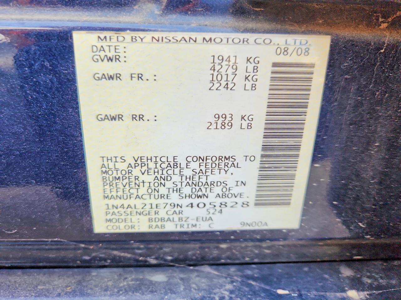 2009 Nissan Altima 2.5 Blue vin: 1N4AL21E79N405828