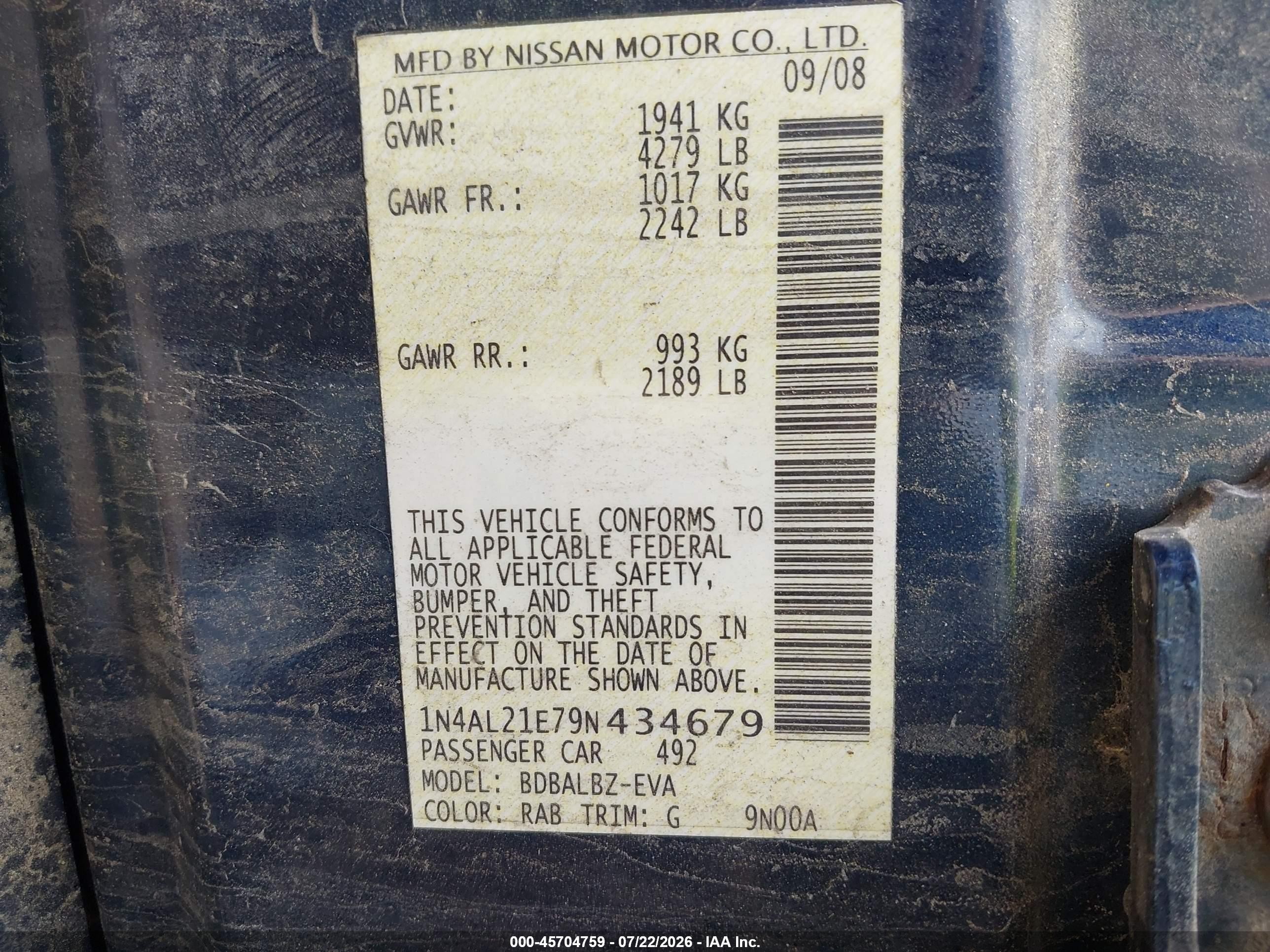 2009 Nissan Altima 2.5 S Blue vin: 1N4AL21E79N434679