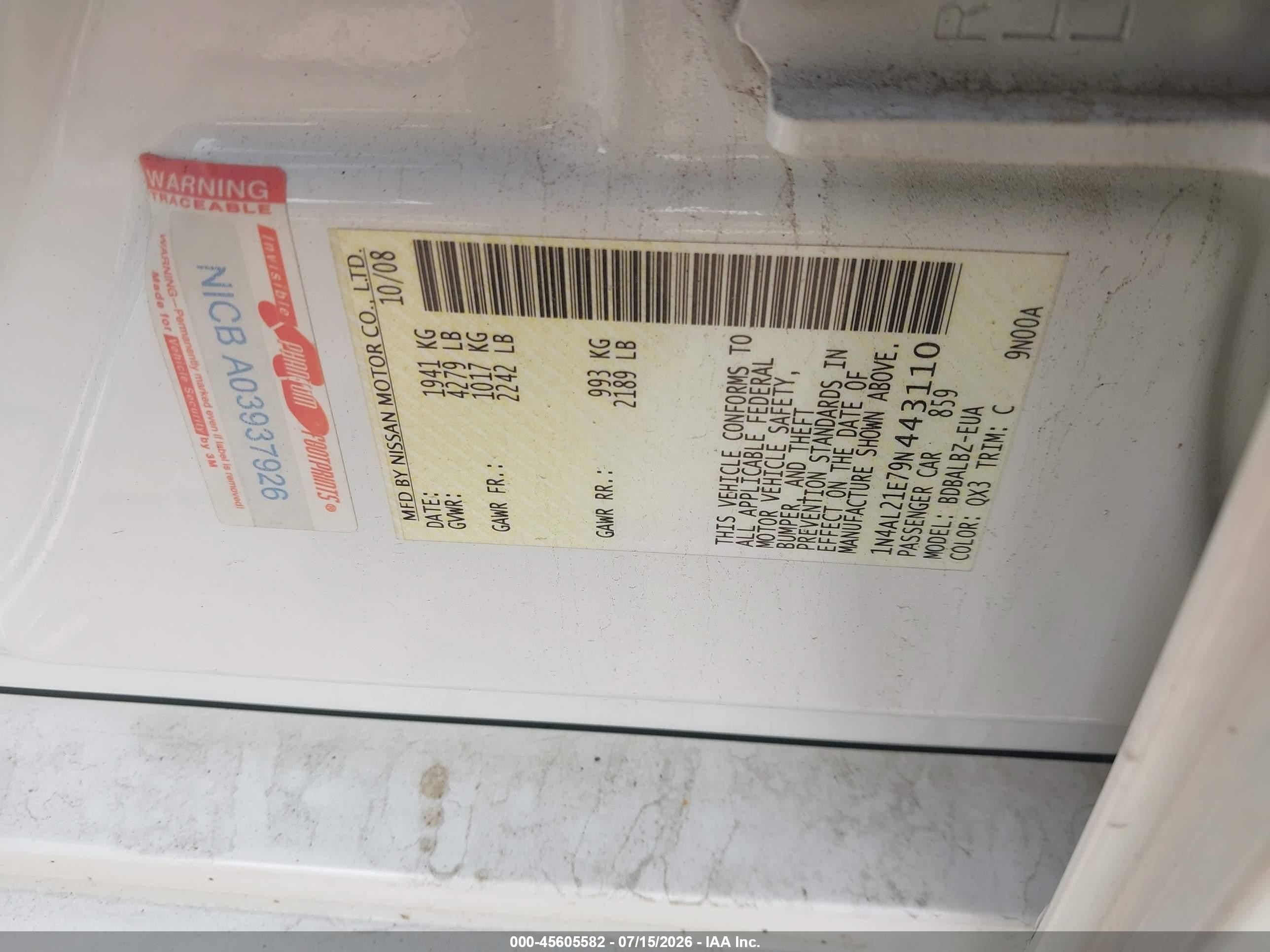2009 Nissan Altima 2.5 S Белый vin: 1N4AL21E79N443110