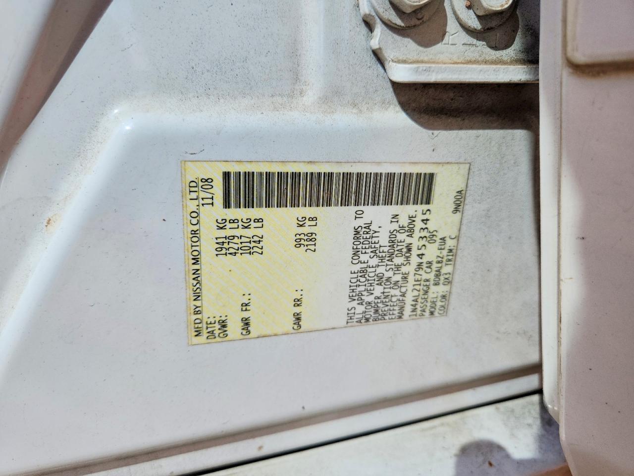 2009 Nissan Altima White vin: 1N4AL21E79N453345