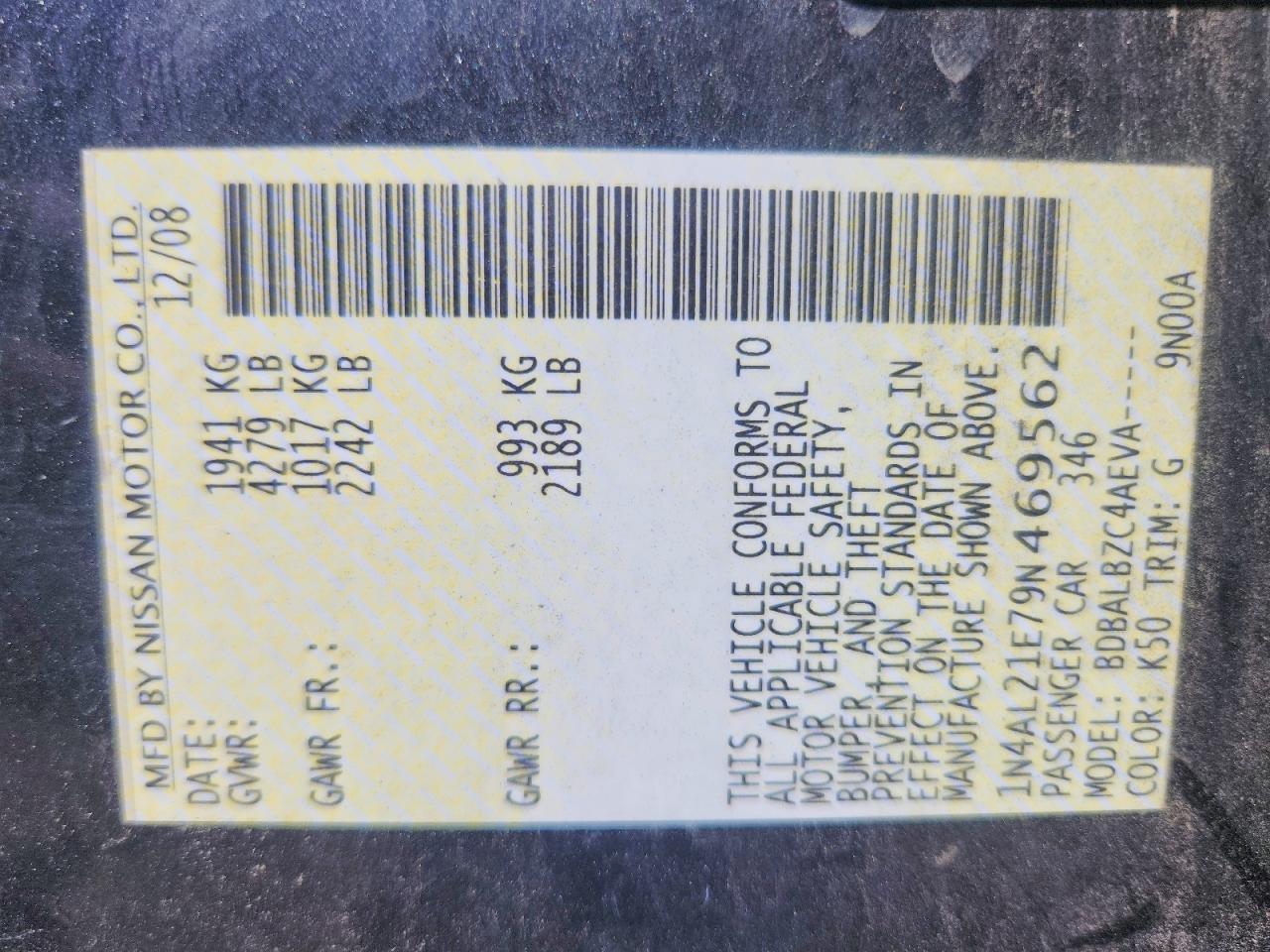 2009 Nissan Altima 2.5 Charcoal vin: 1N4AL21E79N469562