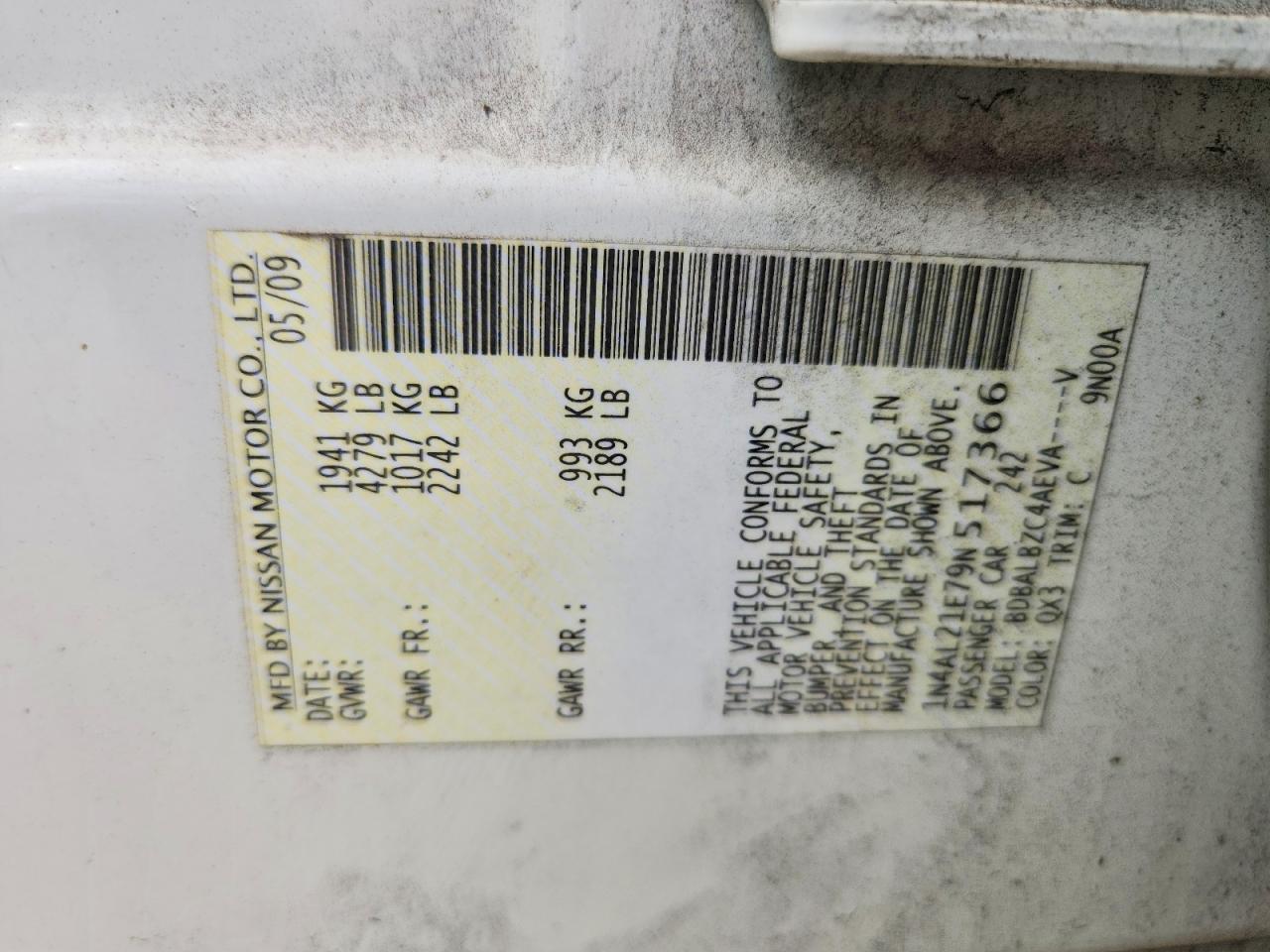 2009 Nissan Altima 2.5 White vin: 1N4AL21E79N517366