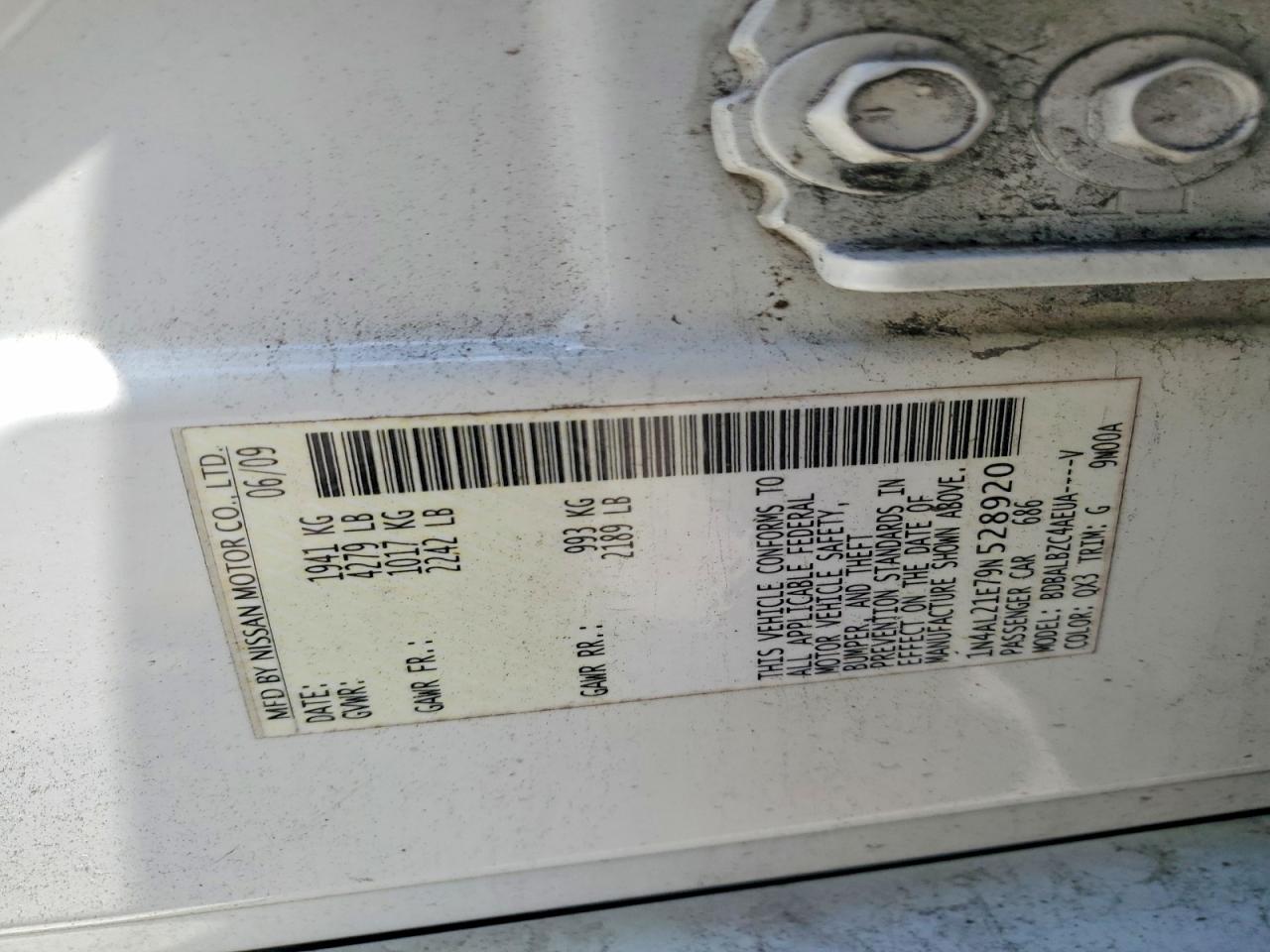 2009 Nissan Altima 2.5 White vin: 1N4AL21E79N528920
