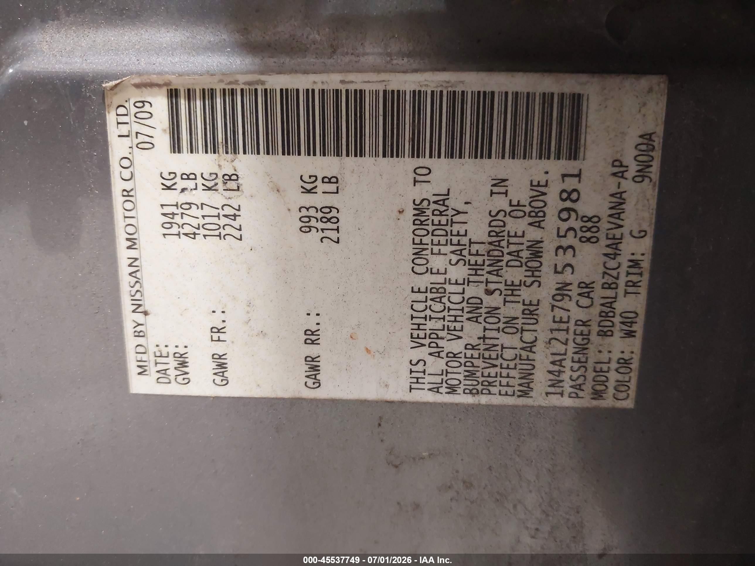 2009 Nissan Altima 2.5 S Gray vin: 1N4AL21E79N535981
