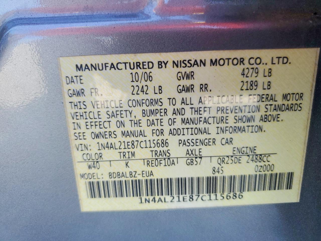 2007 Nissan Altima 2.5 Серебряный vin: 1N4AL21E87C115686