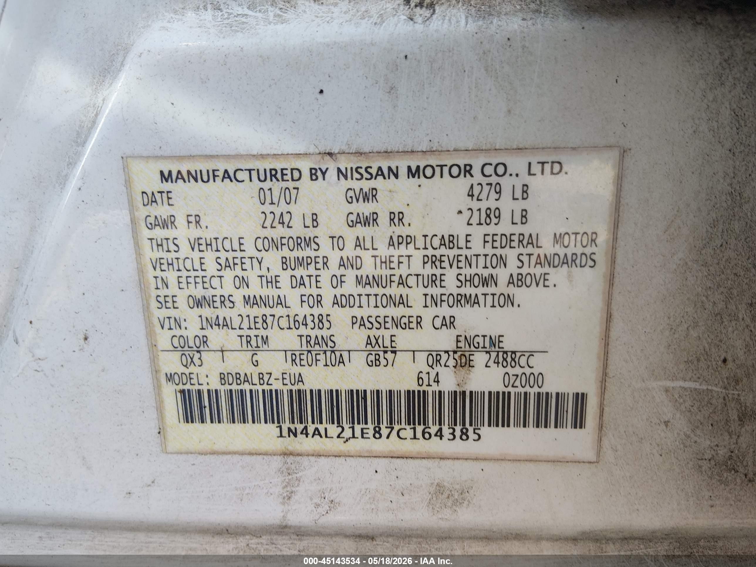 2007 Nissan Altima 2.5 S White vin: 1N4AL21E87C164385