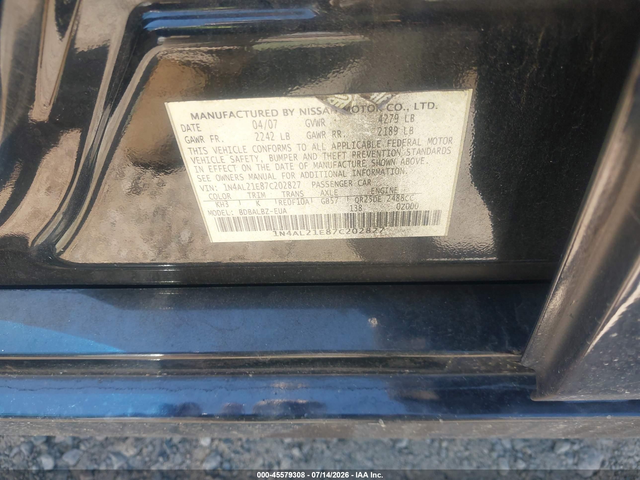 2007 Nissan Altima 2.5 S Black vin: 1N4AL21E87C202827
