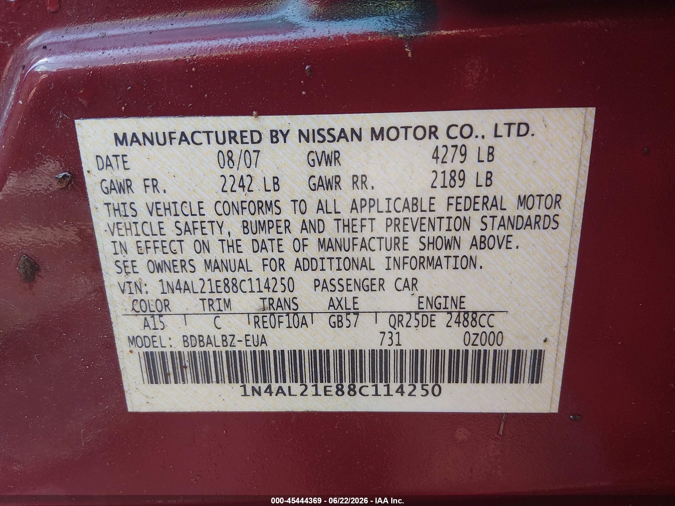 2008 Nissan Altima 2.5 S Red vin: 1N4AL21E88C114250