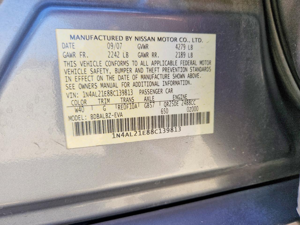 2008 Nissan Altima 2.5 Gray vin: 1N4AL21E88C139813