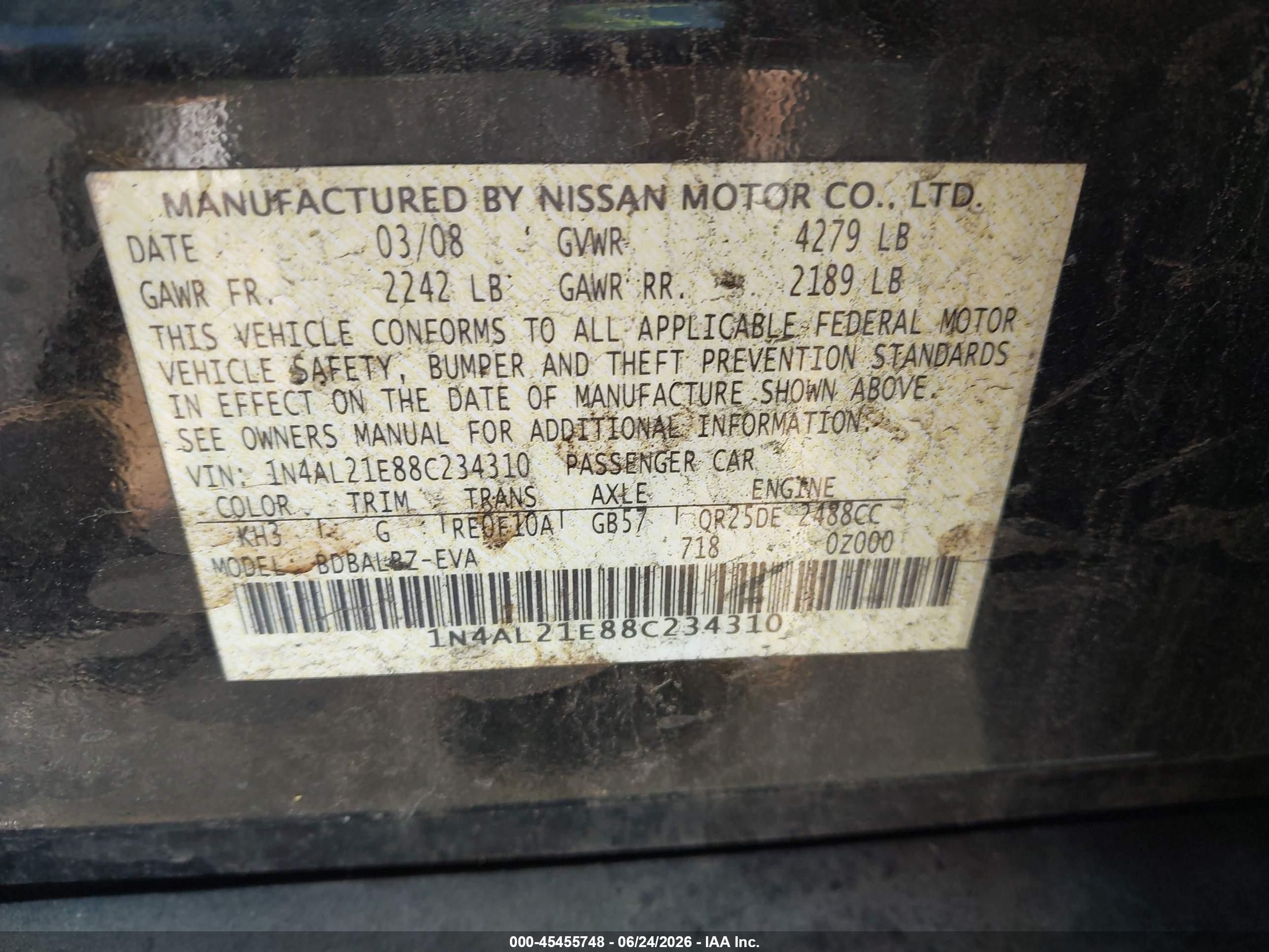 2008 Nissan Altima 2.5 S Black vin: 1N4AL21E88C234310
