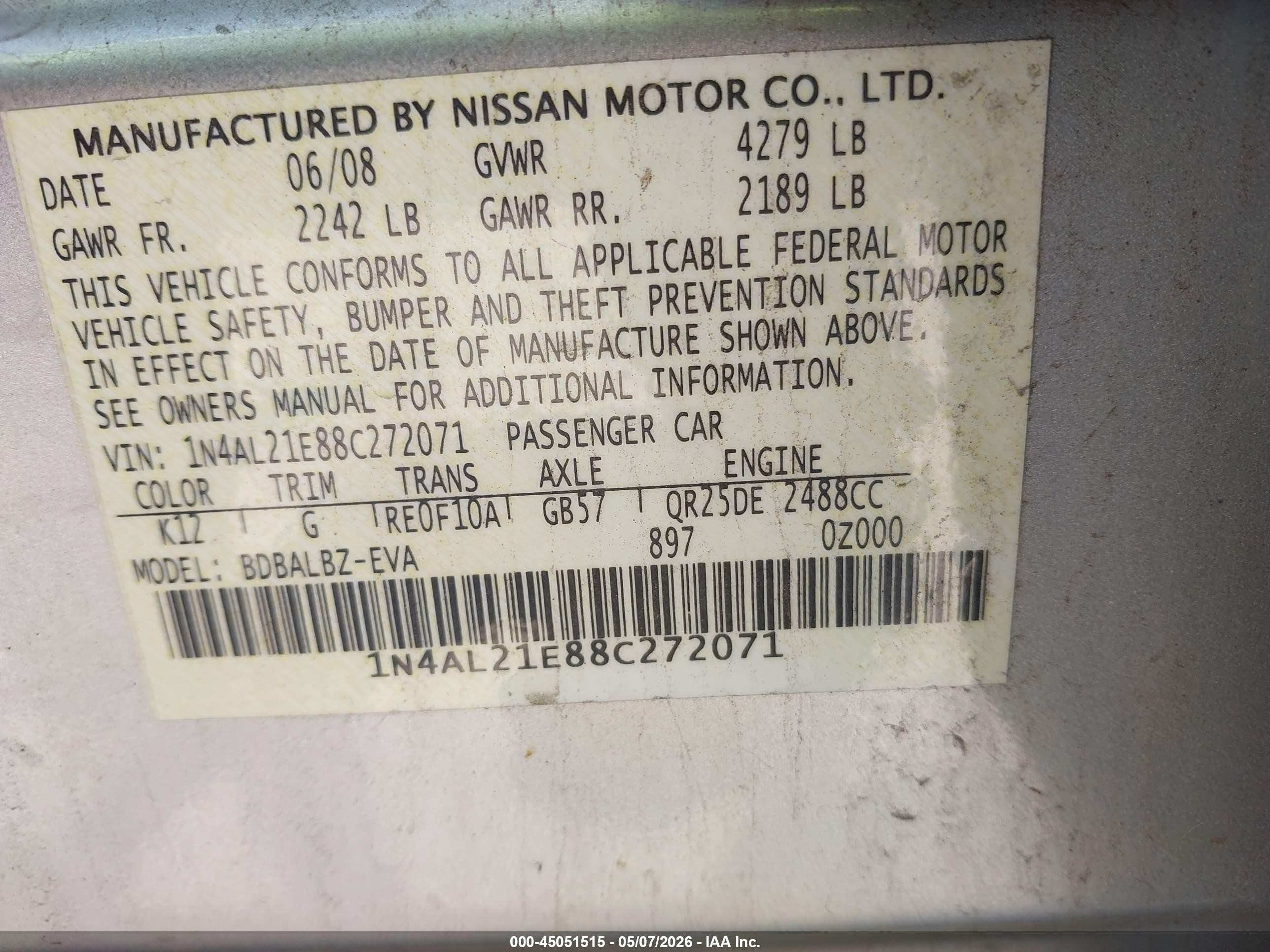 2008 Nissan Altima 2.5 S Серебряный vin: 1N4AL21E88C272071