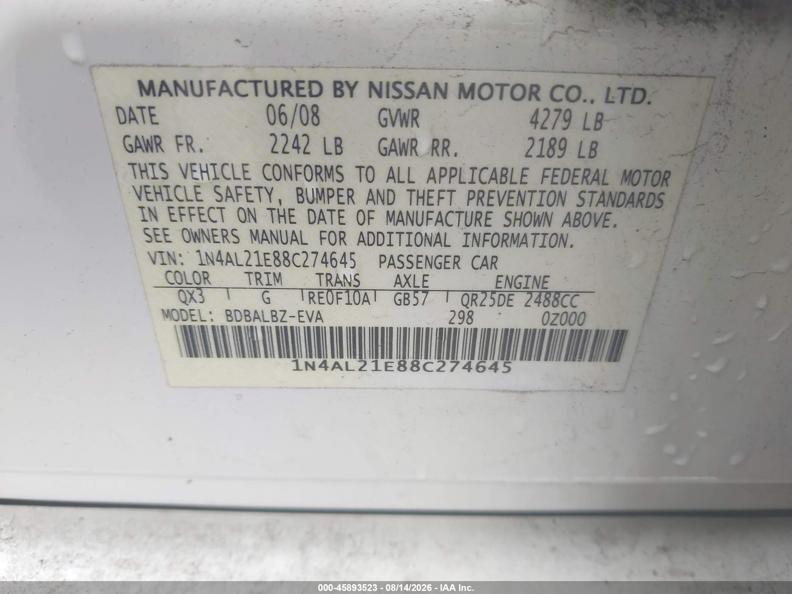 2008 Nissan Altima 2.5 S White vin: 1N4AL21E88C274645