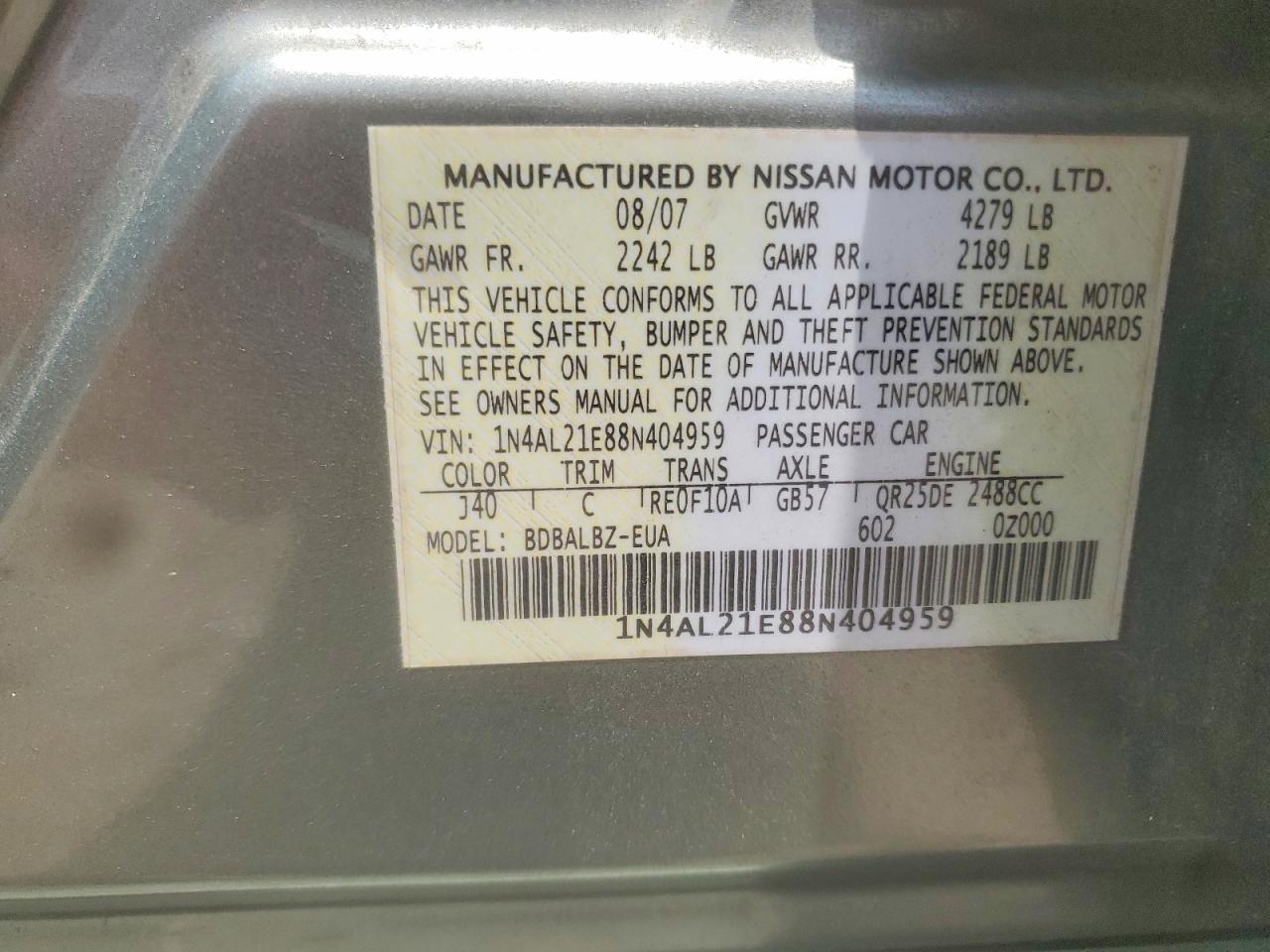 2008 Nissan Altima 2.5 Silver vin: 1N4AL21E88N404959