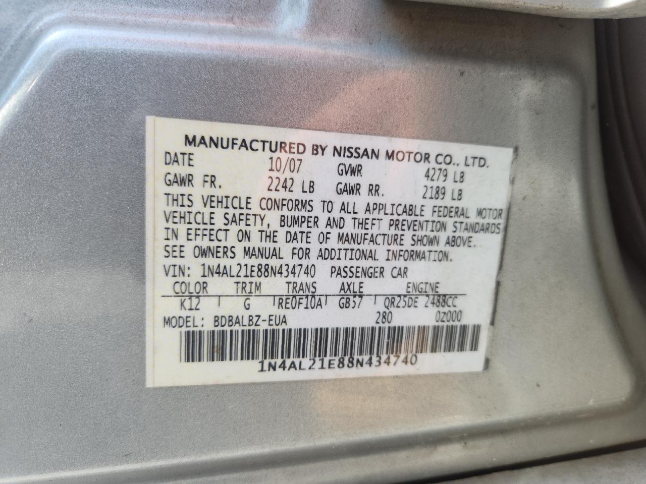2008 Nissan Altima 2.5 Серебряный vin: 1N4AL21E88N434740