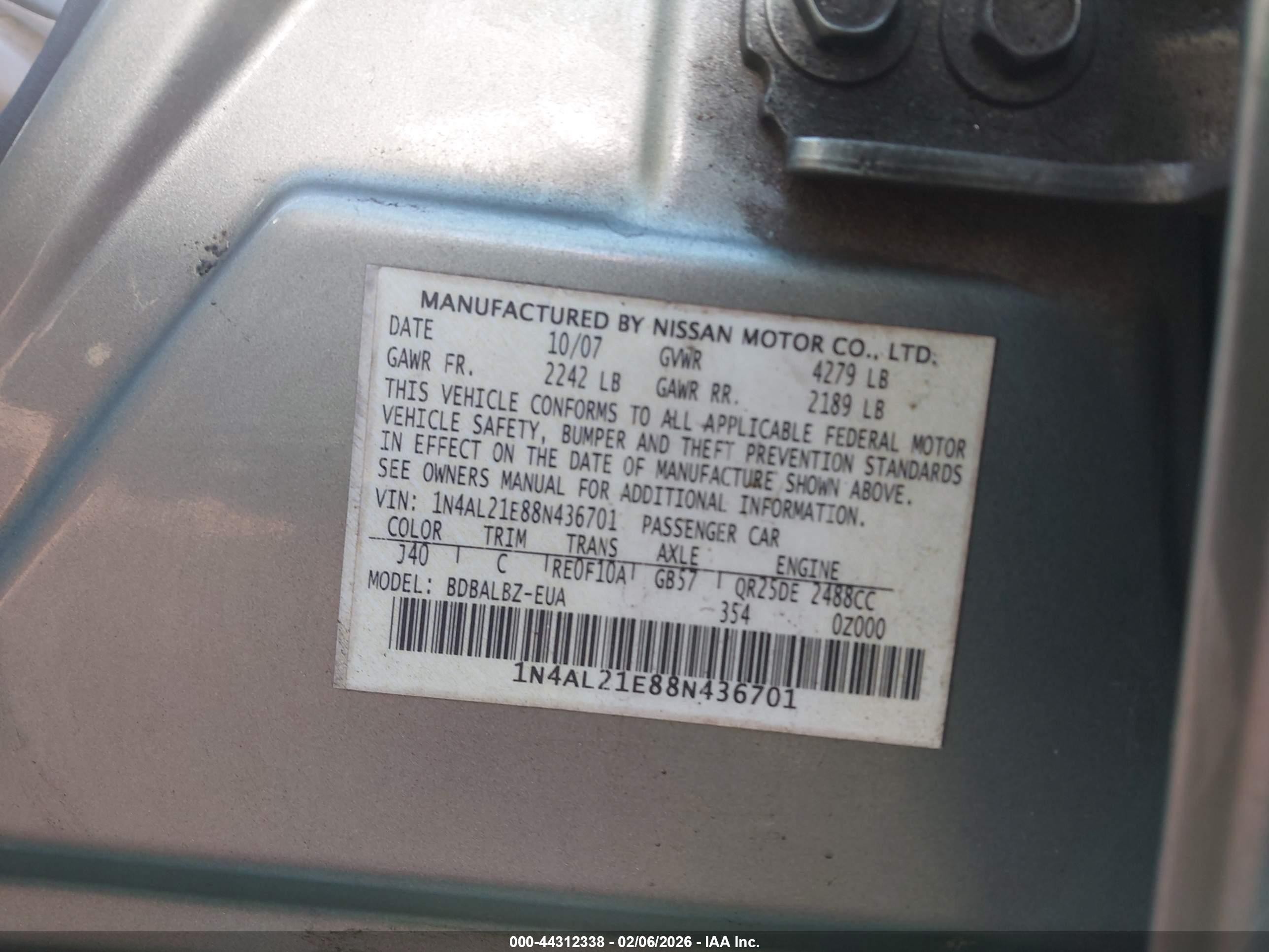 2008 Nissan Altima 2.5 S Green vin: 1N4AL21E88N436701