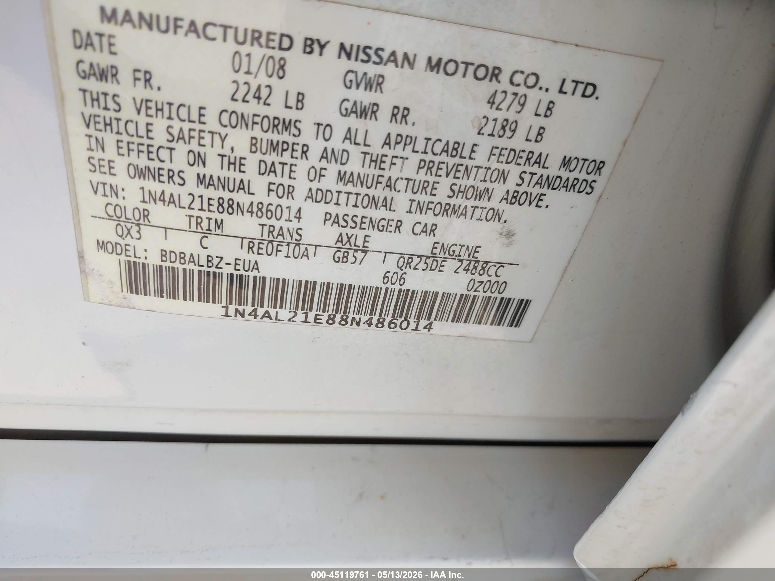 2008 Nissan Altima 2.5 S White vin: 1N4AL21E88N486014