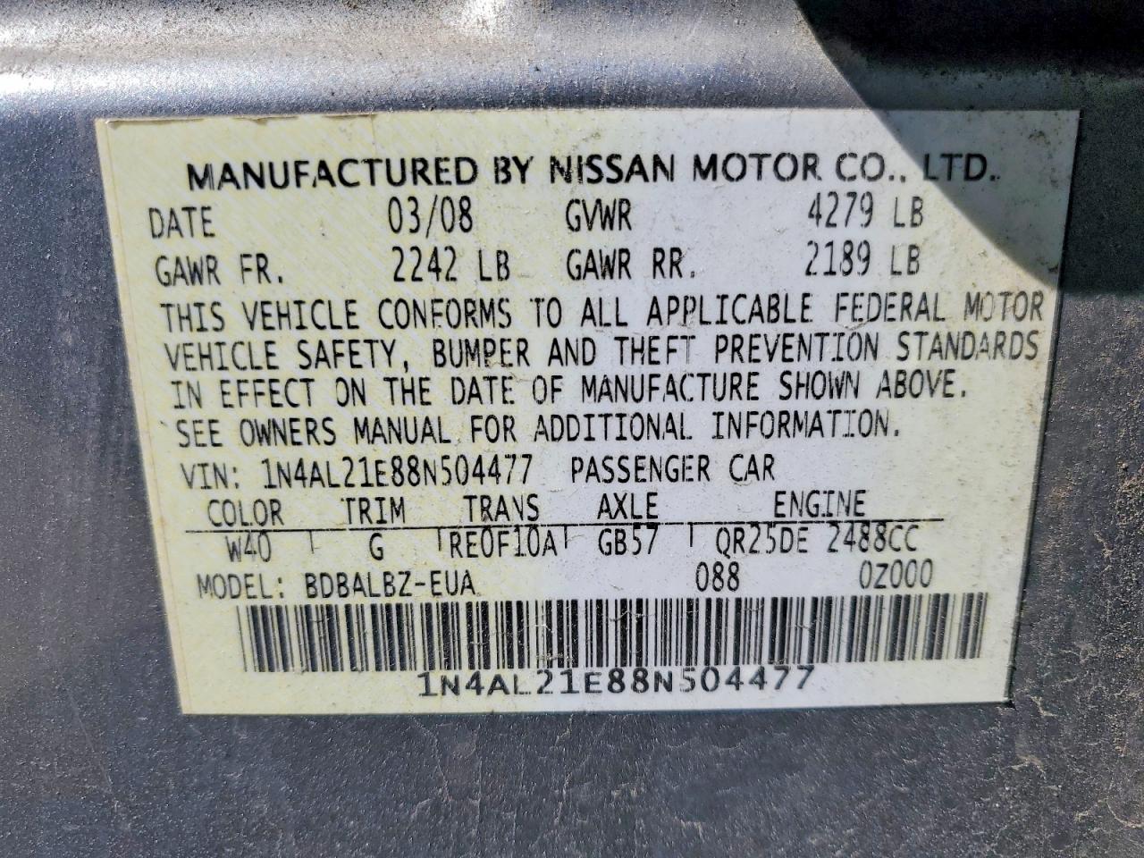 2008 Nissan Altima 2.5 Gray vin: 1N4AL21E88N504477