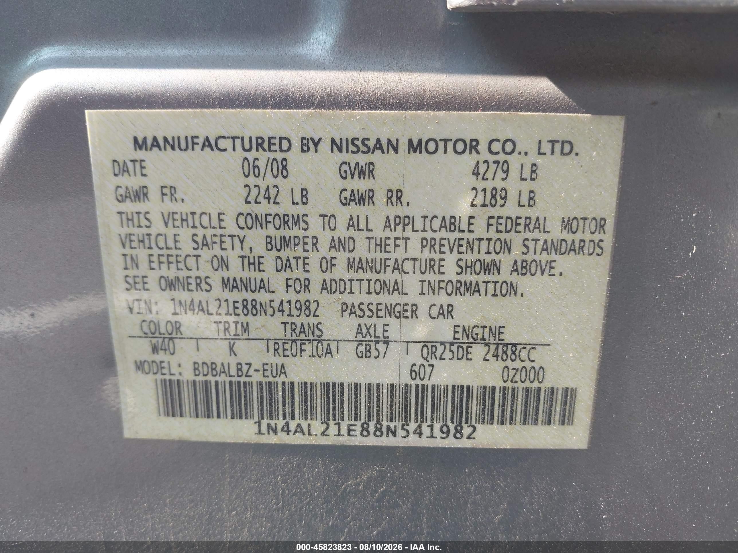 2008 Nissan Altima 2.5 S Серый vin: 1N4AL21E88N541982
