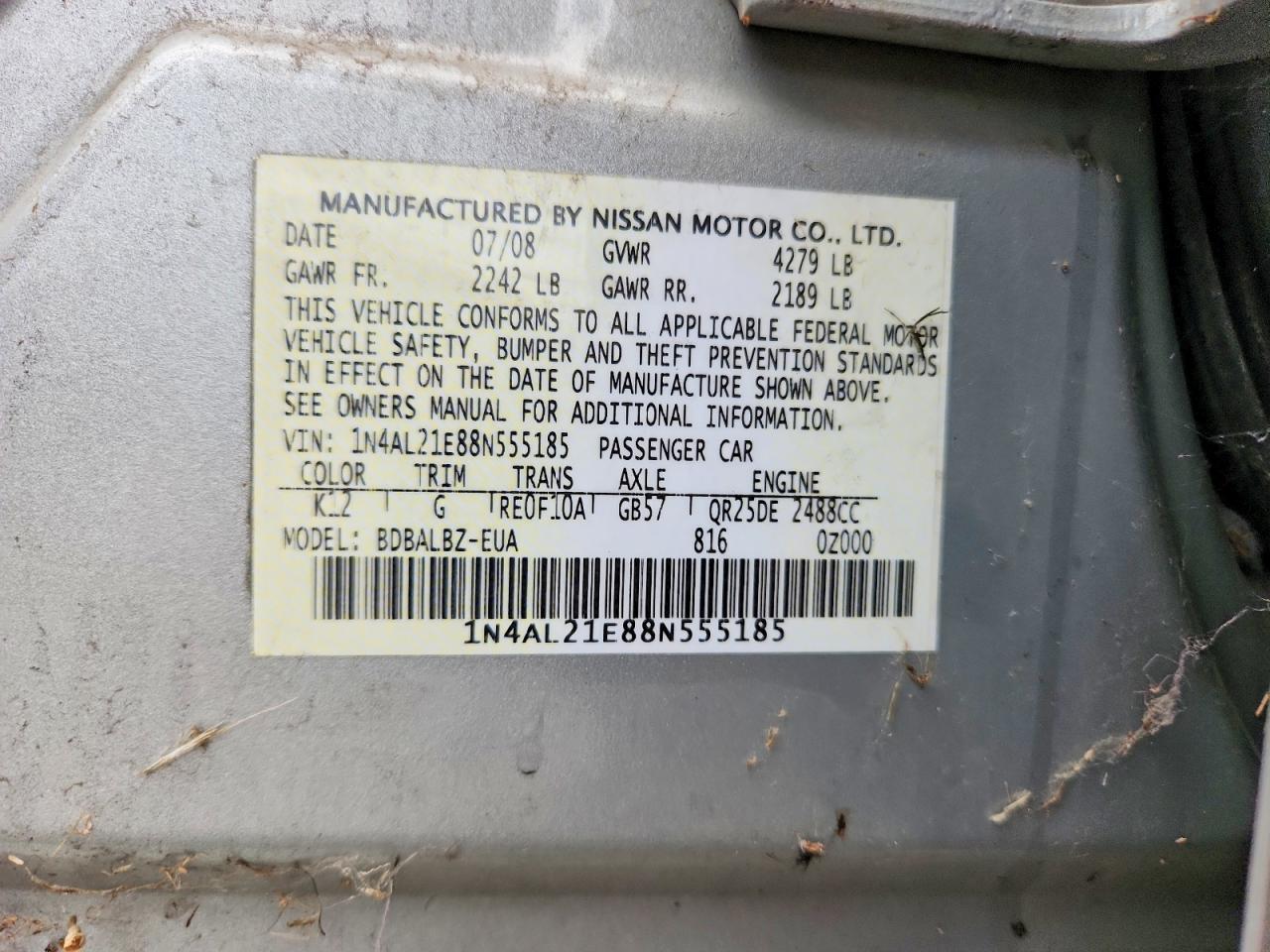 2008 Nissan Altima 2.5 Silver vin: 1N4AL21E88N555185