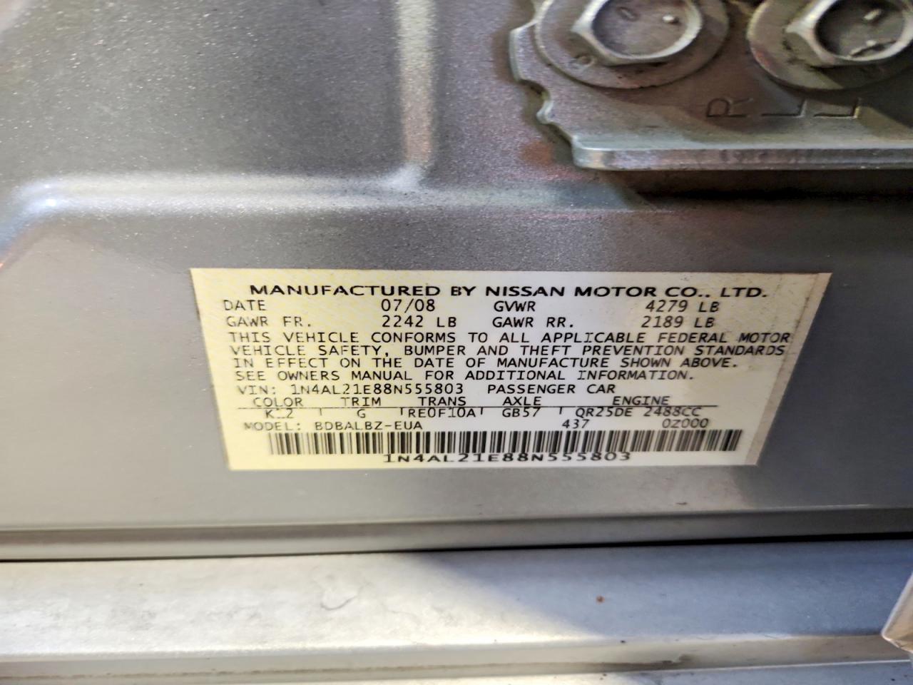 2008 Nissan Altima 2.5 Silver vin: 1N4AL21E88N555803