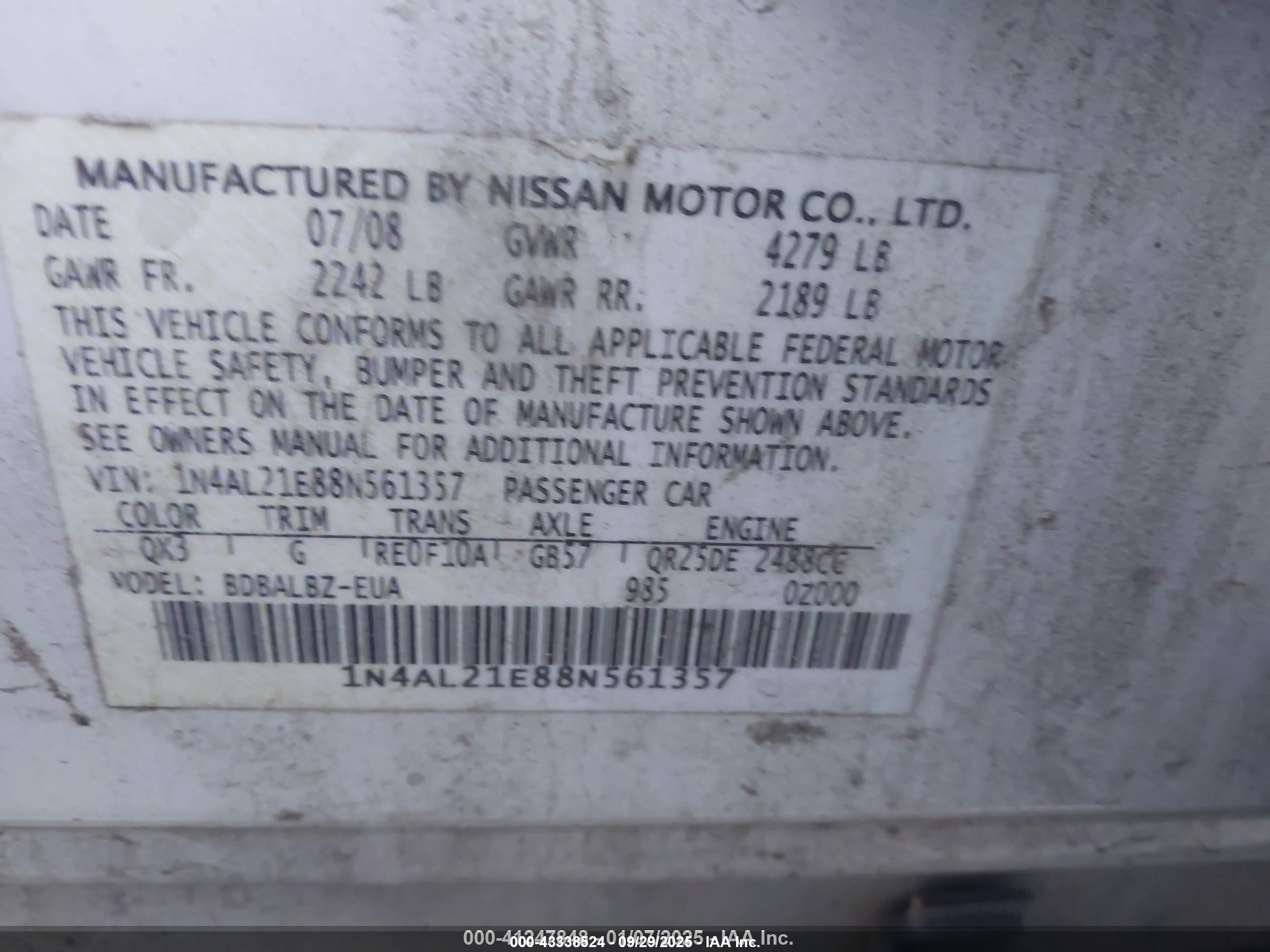 2008 Nissan Altima 2.5 S Белый vin: 1N4AL21E88N561357