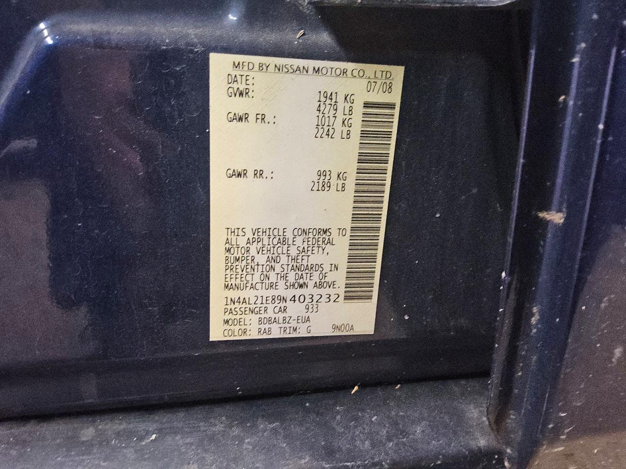 2009 Nissan Altima 2.5/2.5s Blue vin: 1N4AL21E89N403232