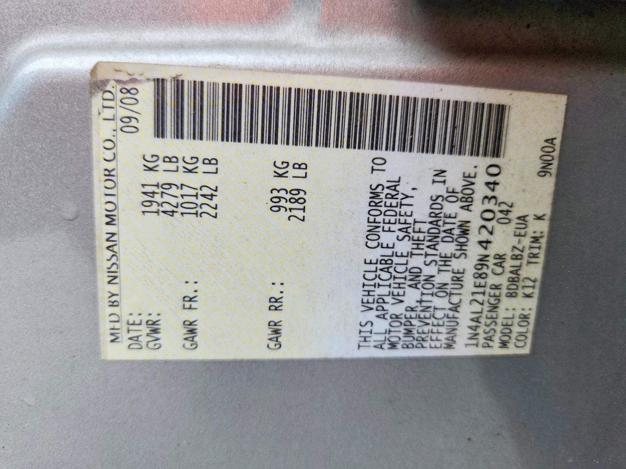 2009 Nissan Altima 2.5 Серебряный vin: 1N4AL21E89N420340