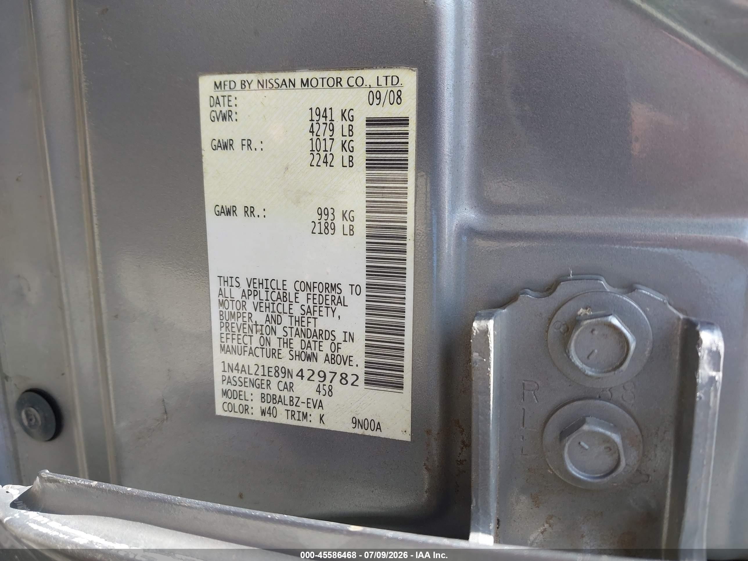 2009 Nissan Altima 2.5 S Gray vin: 1N4AL21E89N429782