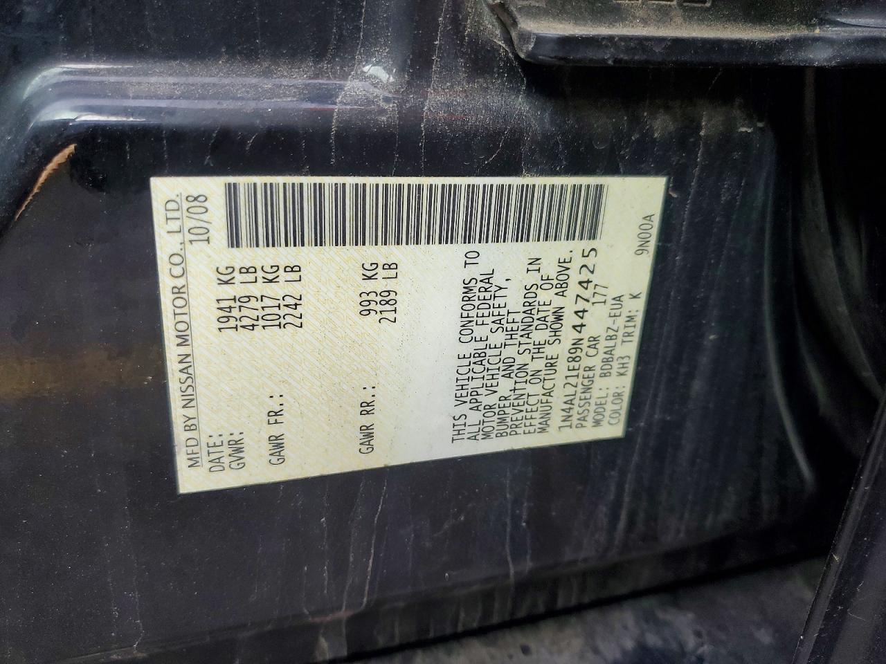 2009 Nissan Altima 2.5 Черный vin: 1N4AL21E89N447425