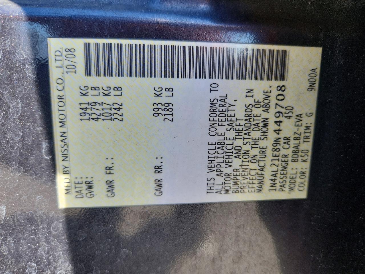 2009 Nissan Altima 2.5 Charcoal vin: 1N4AL21E89N449708