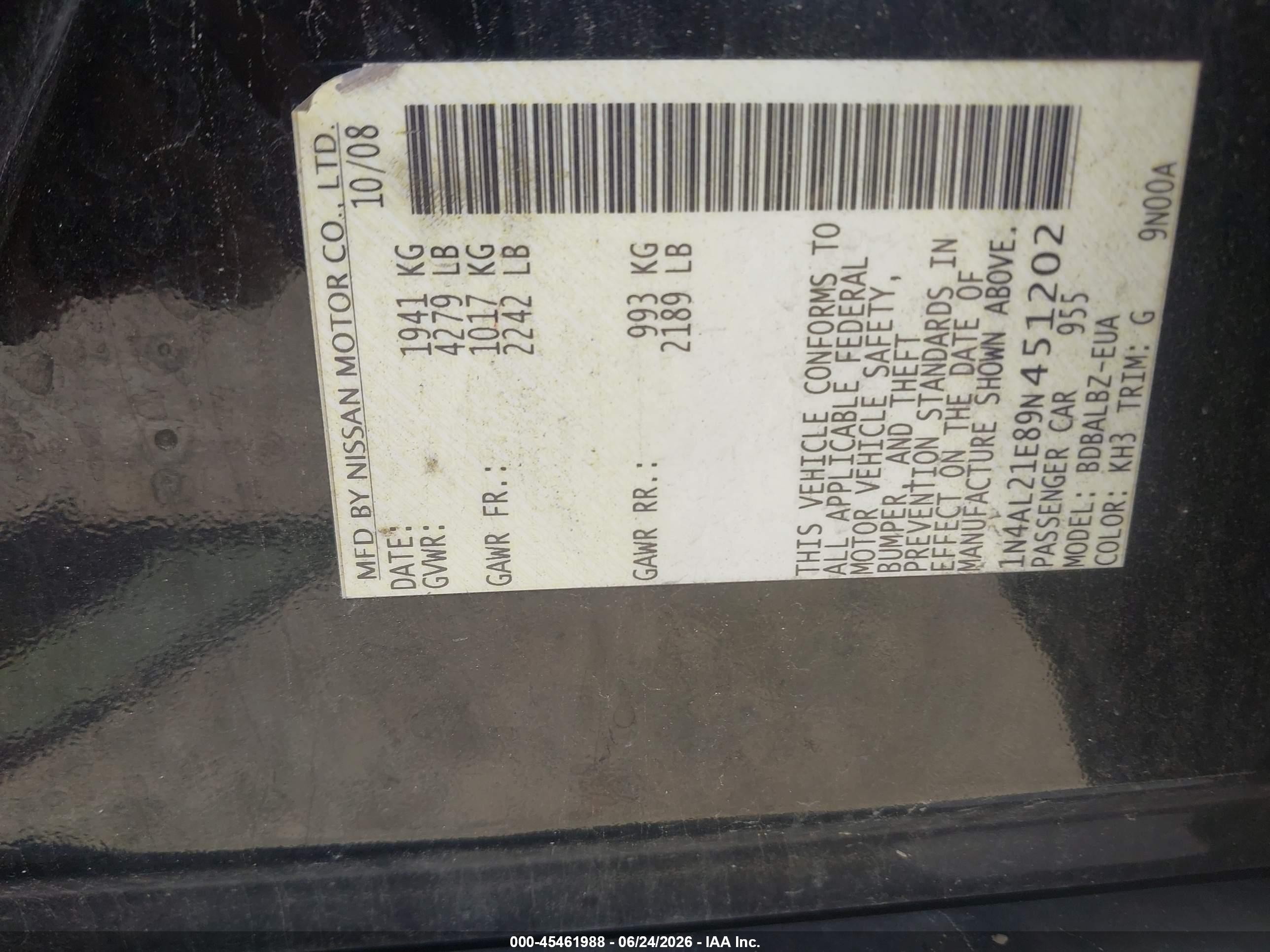 2009 Nissan Altima 2.5 S Black vin: 1N4AL21E89N451202