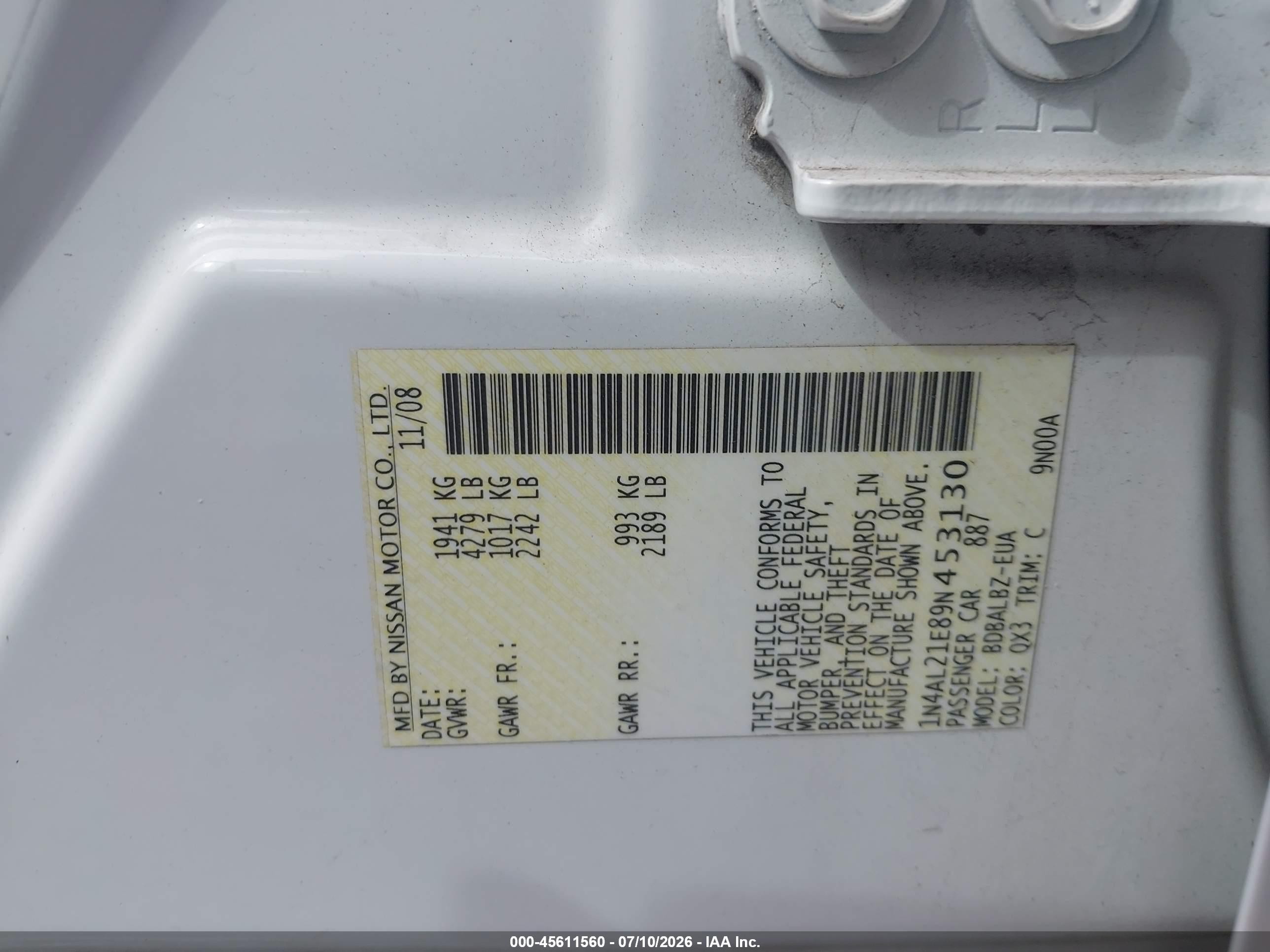 2009 Nissan Altima 2.5 S White vin: 1N4AL21E89N453130
