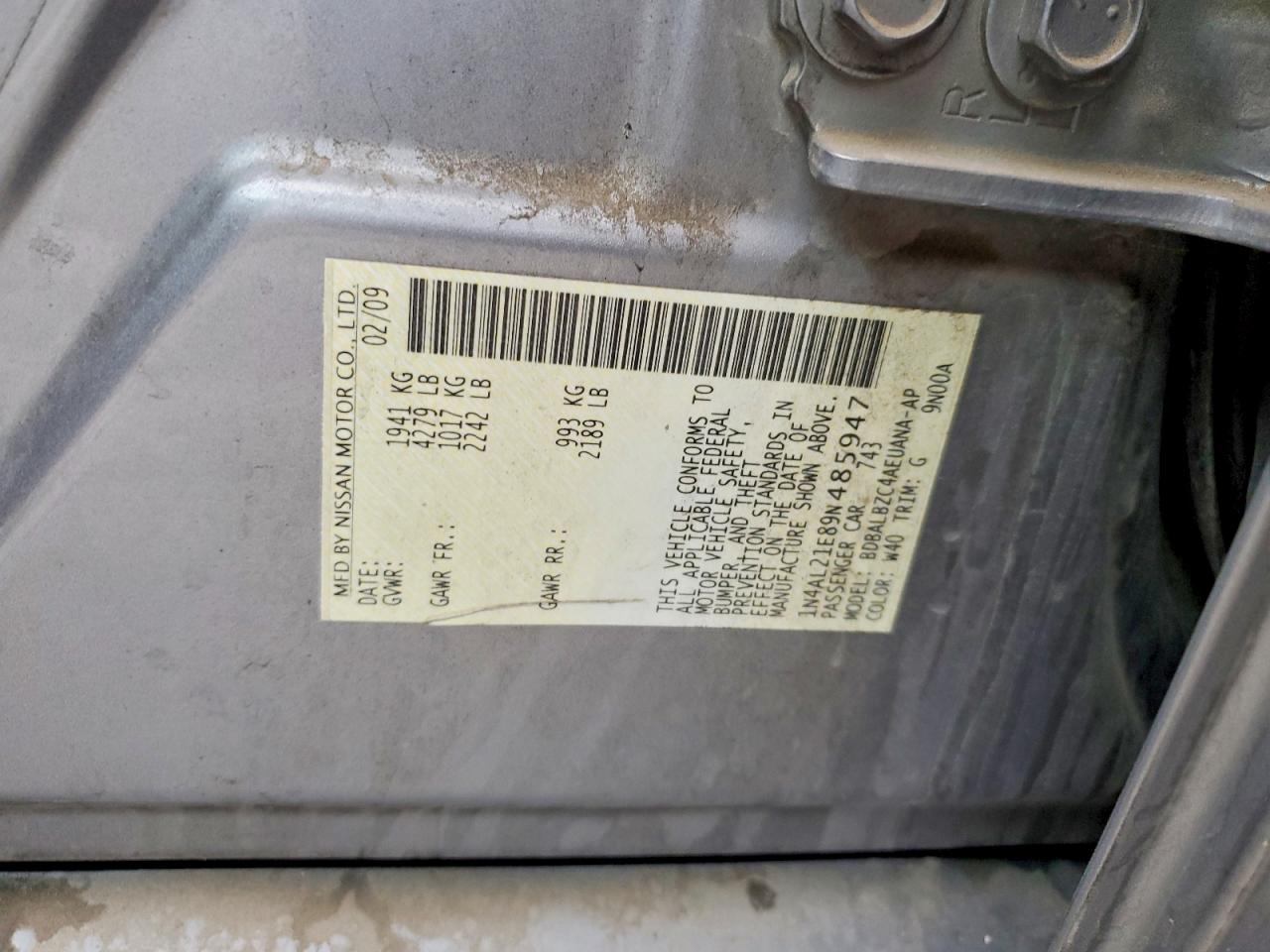 2009 Nissan Altima 2.5 Gray vin: 1N4AL21E89N485947