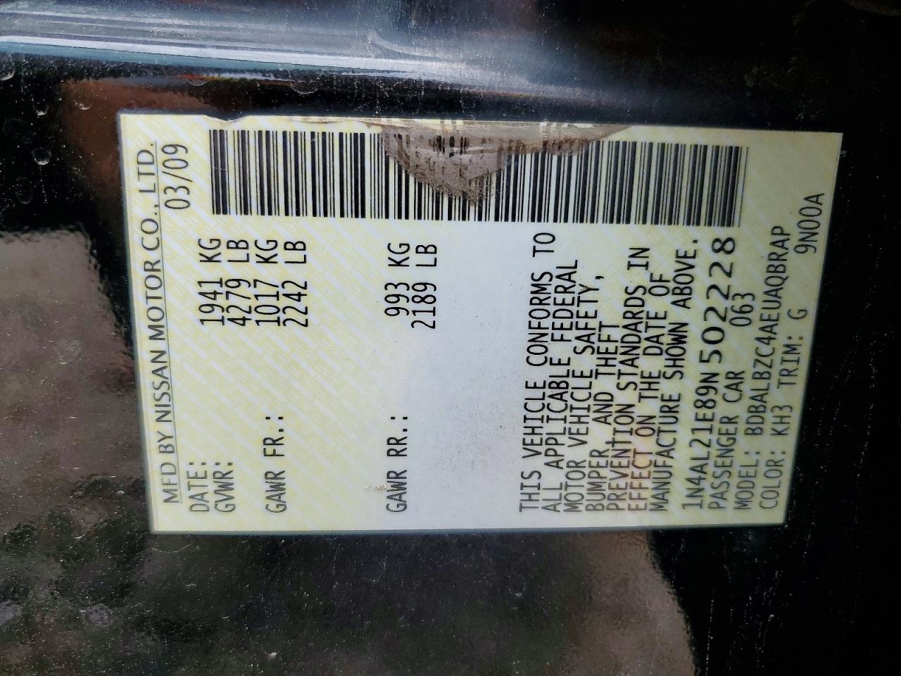 2009 Nissan Altima 2.5 Black vin: 1N4AL21E89N502228