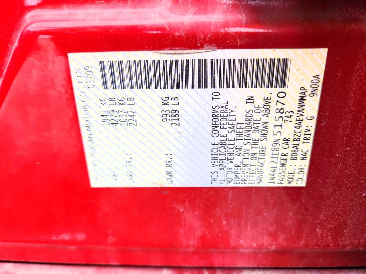 2009 Nissan Altima 2.5 Red vin: 1N4AL21E89N515870